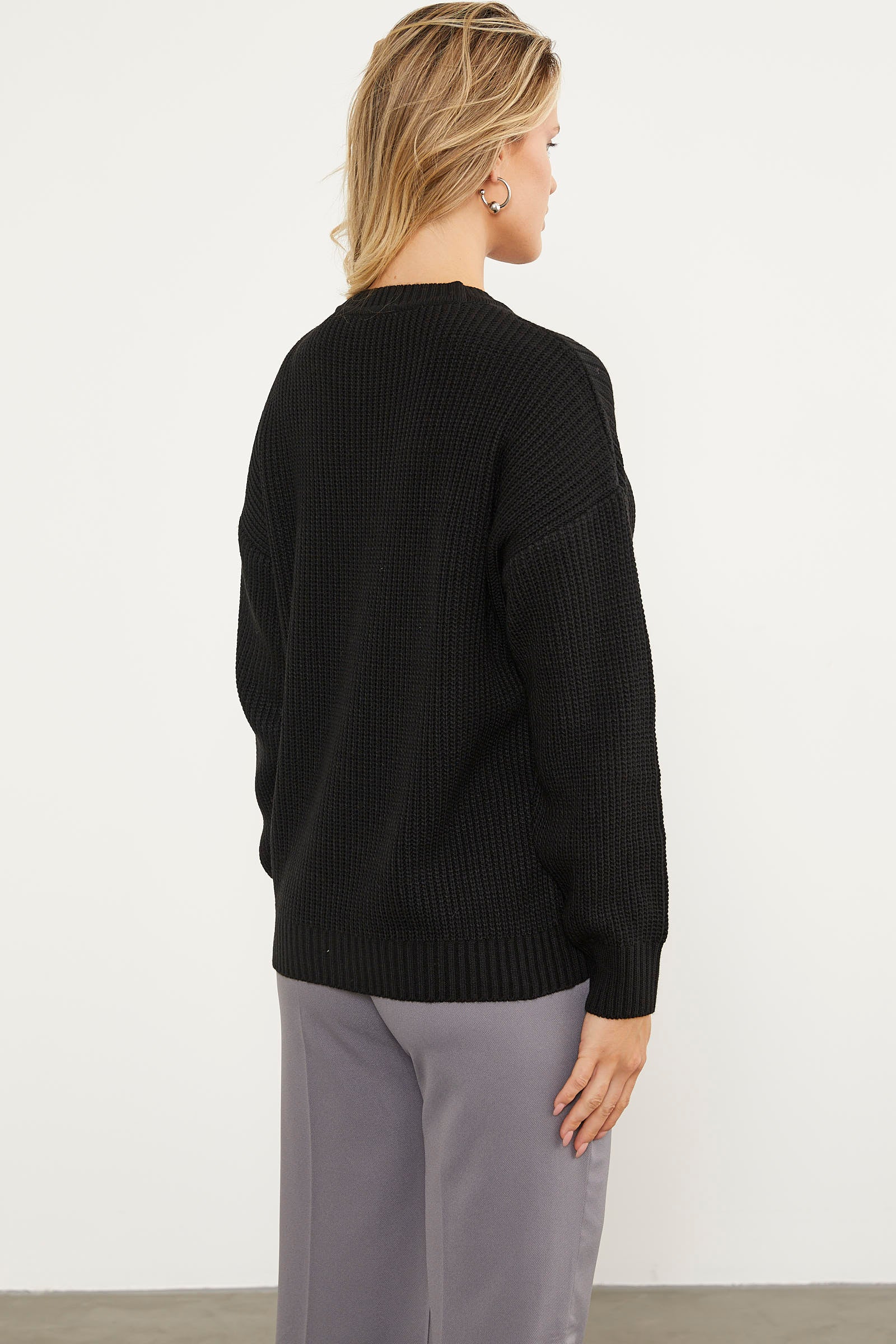 Petek Desenli Oversize Triko Kazak - Siyah (5) Sementa