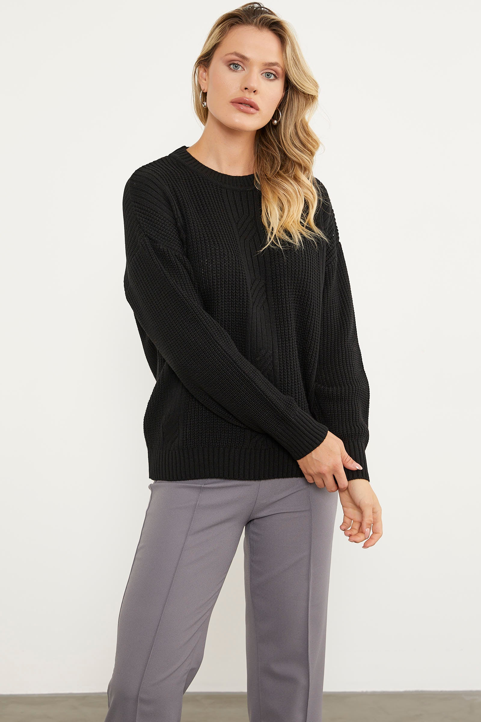 Petek Desenli Oversize Triko Kazak - Siyah (4) Sementa