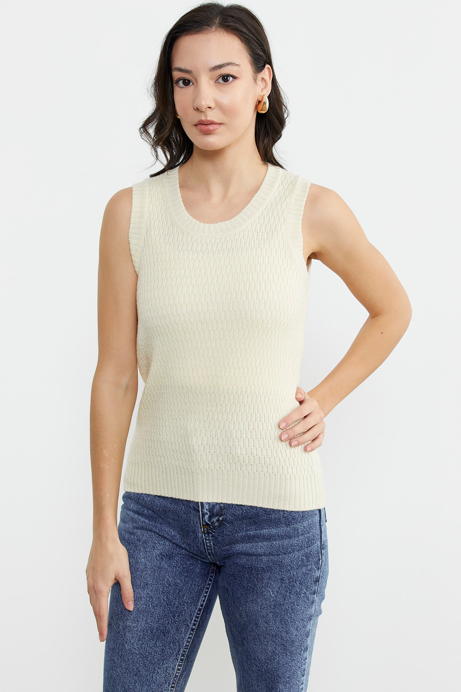 Petek Motifli Triko Süveter - Kemik (1) Sementa