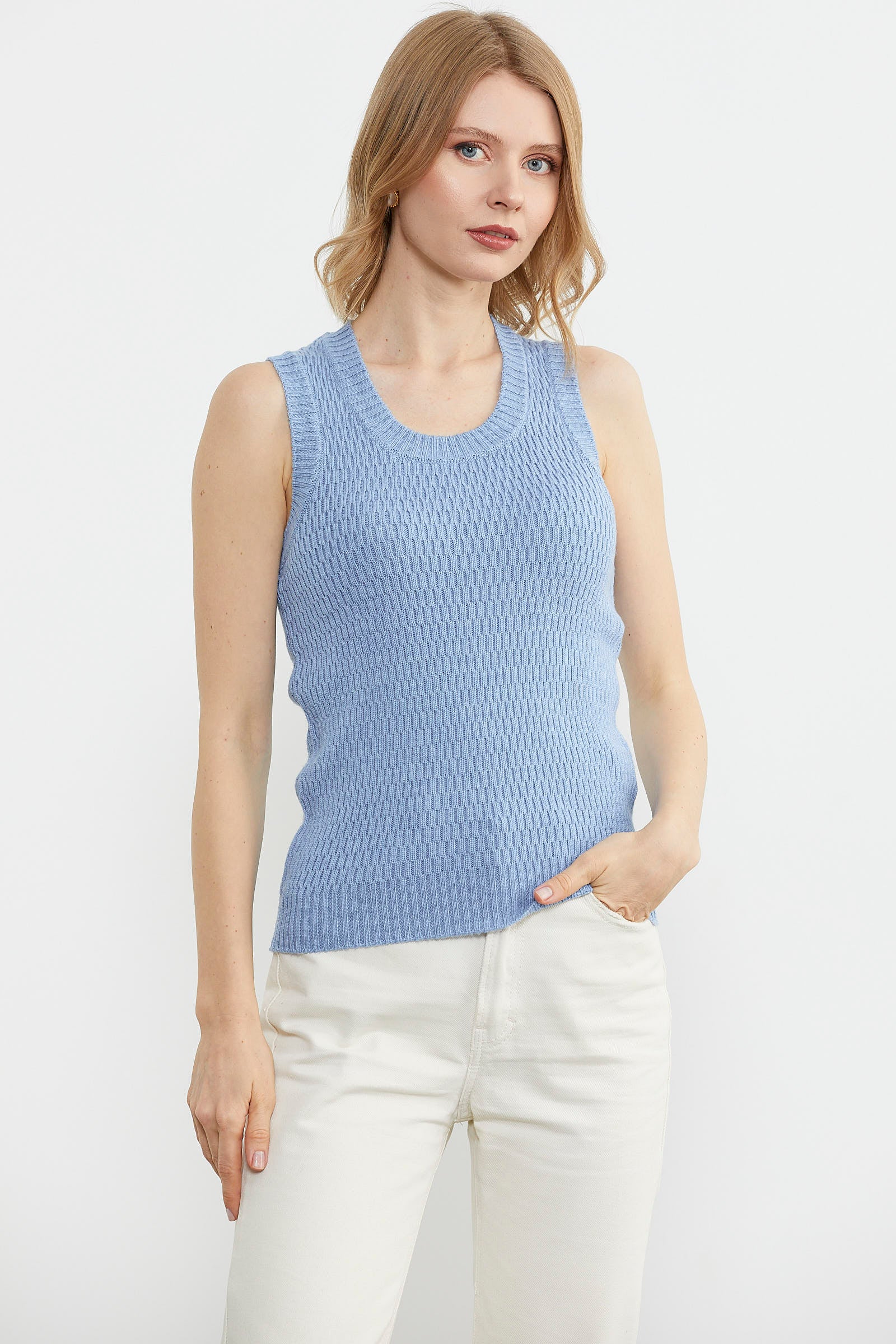 Petek Motifli Triko Süveter - Mavi (1) Sementa