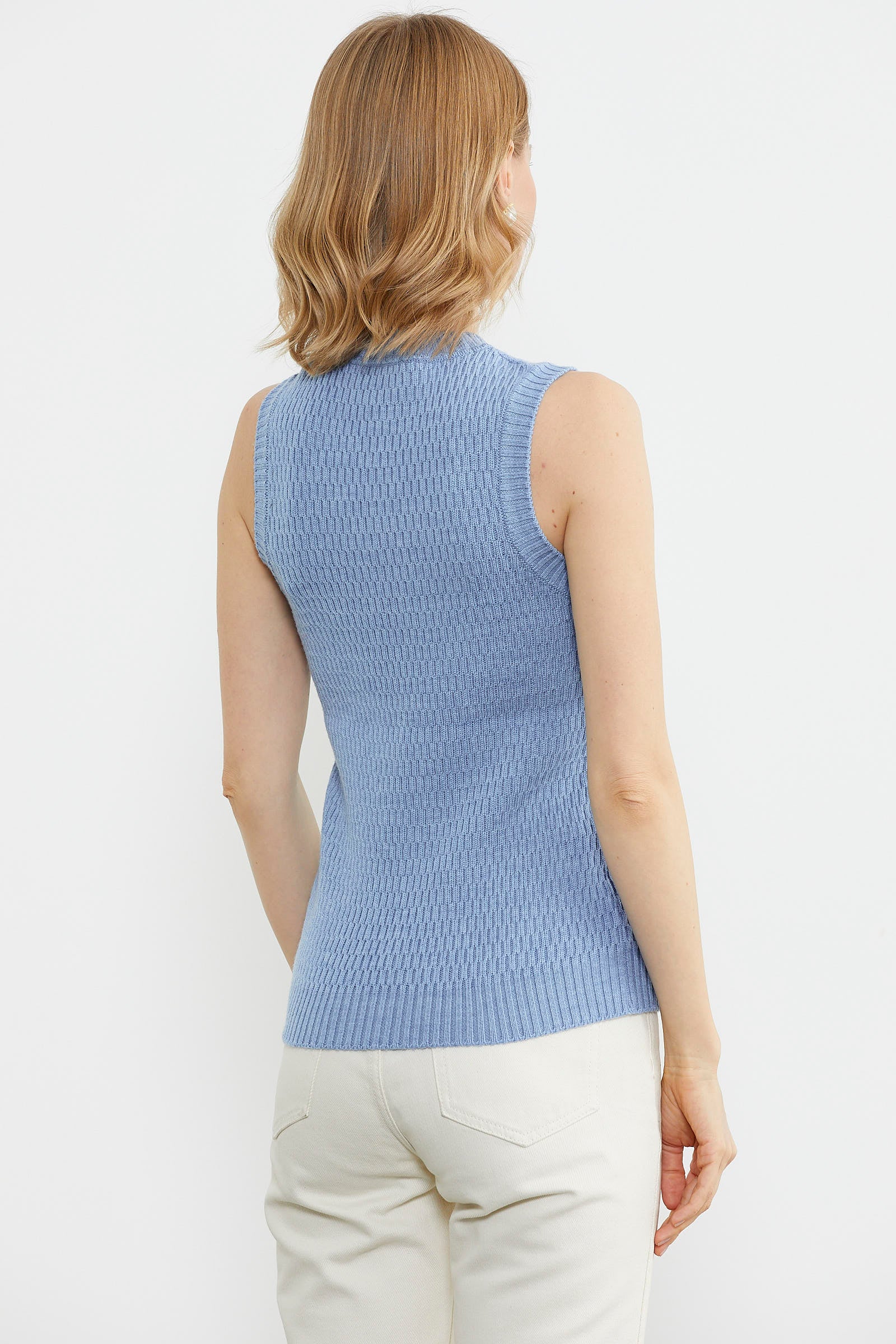 Petek Motifli Triko Süveter - Mavi (5) Sementa