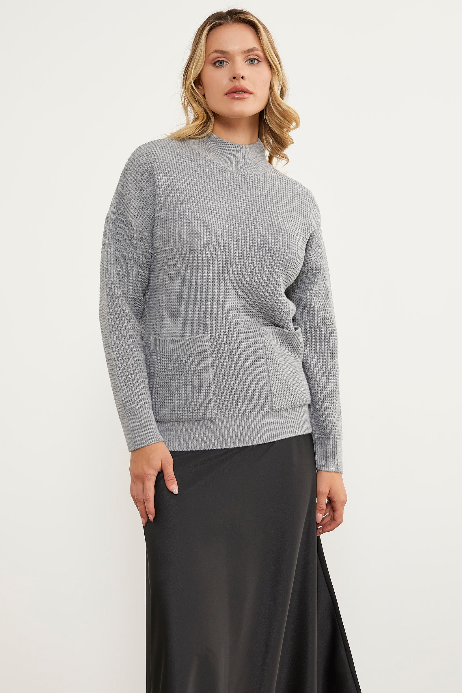 Petek Örgü Dik Yaka Triko Kazak - Gri (3) Sementa