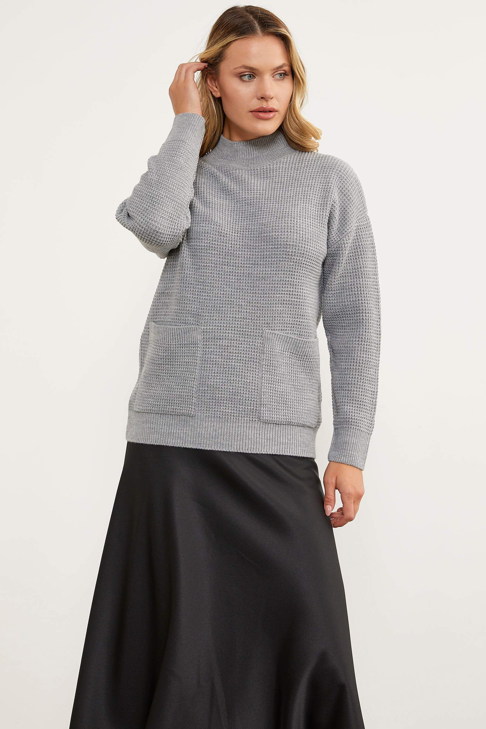 Petek Örgü Dik Yaka Triko Kazak - Gri (2) Sementa