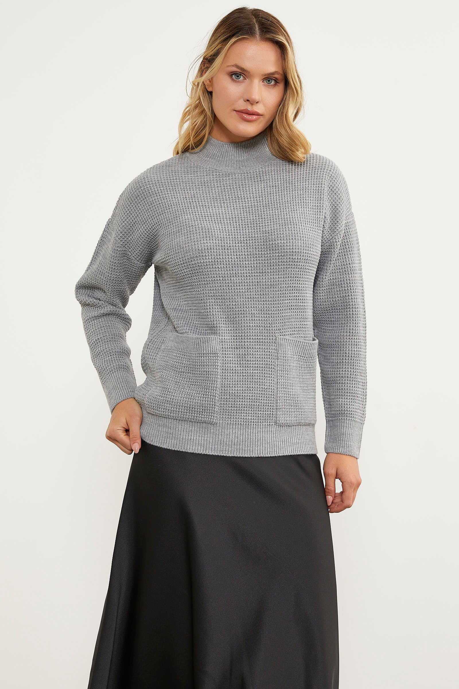 Petek Örgü Dik Yaka Triko Kazak - Gri (1) Sementa