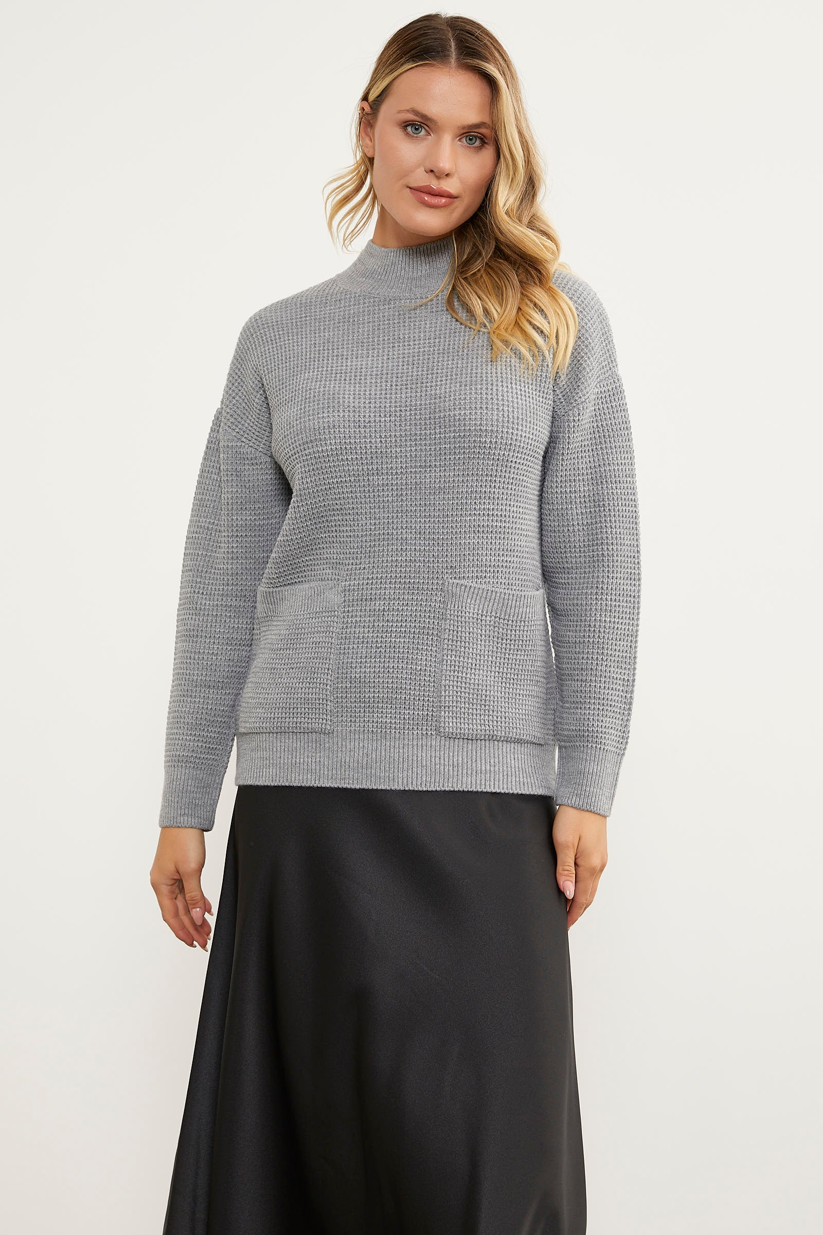 Petek Örgü Dik Yaka Triko Kazak - Gri (5) Sementa