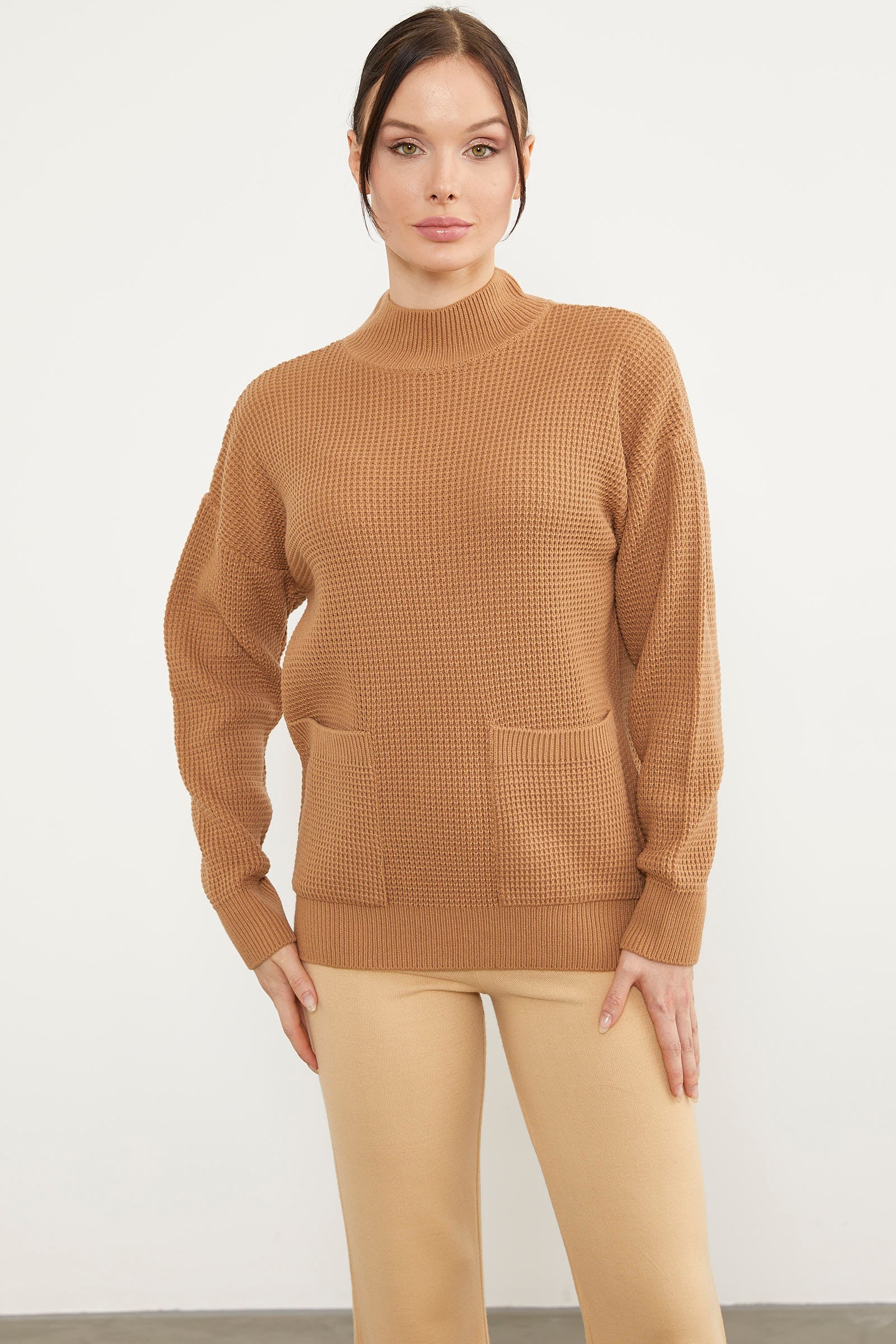 Petek Örgü Dik Yaka Triko Kazak - Kamel (1) Sementa