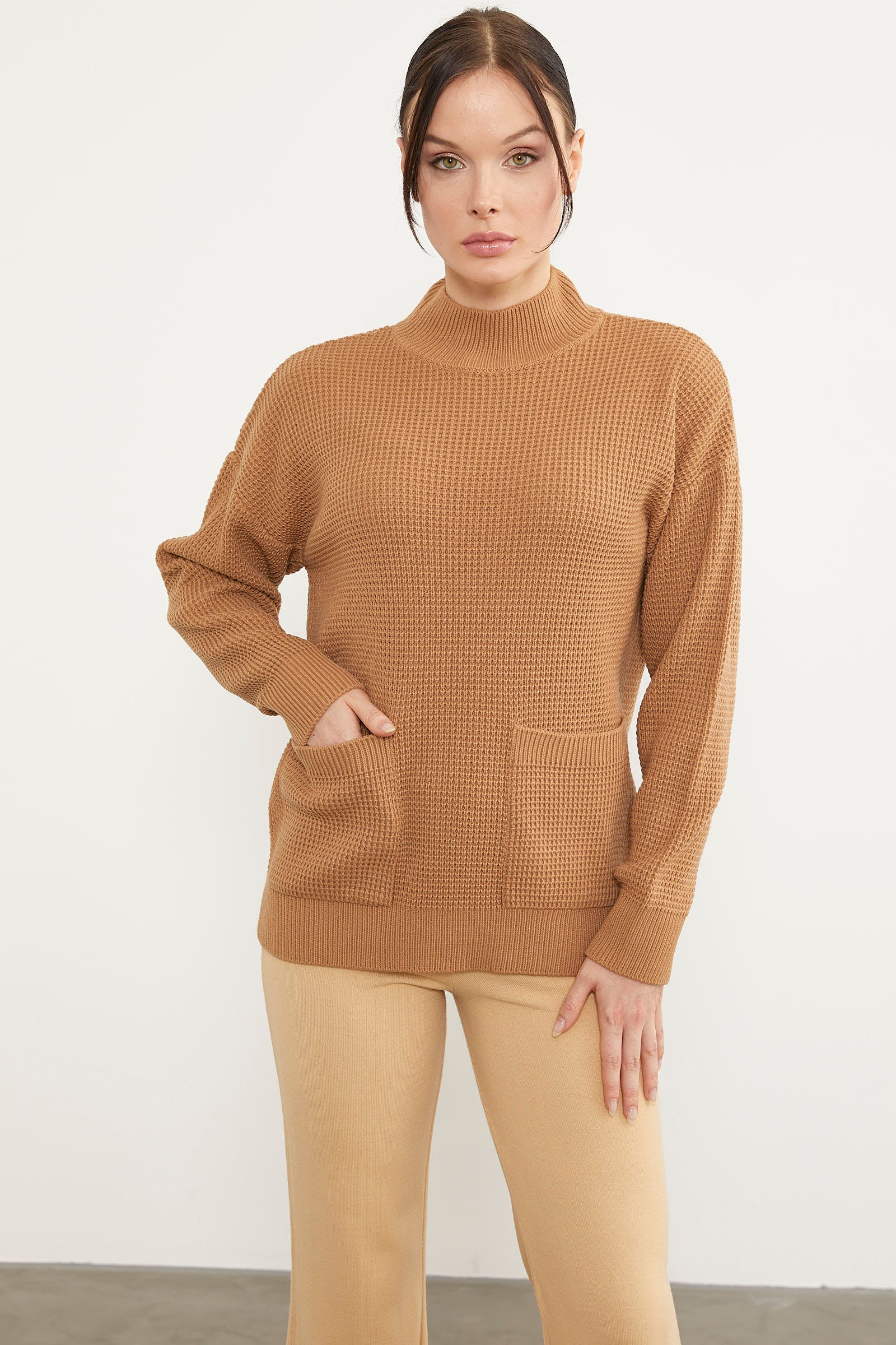 Petek Örgü Dik Yaka Triko Kazak - Kamel (2) Sementa