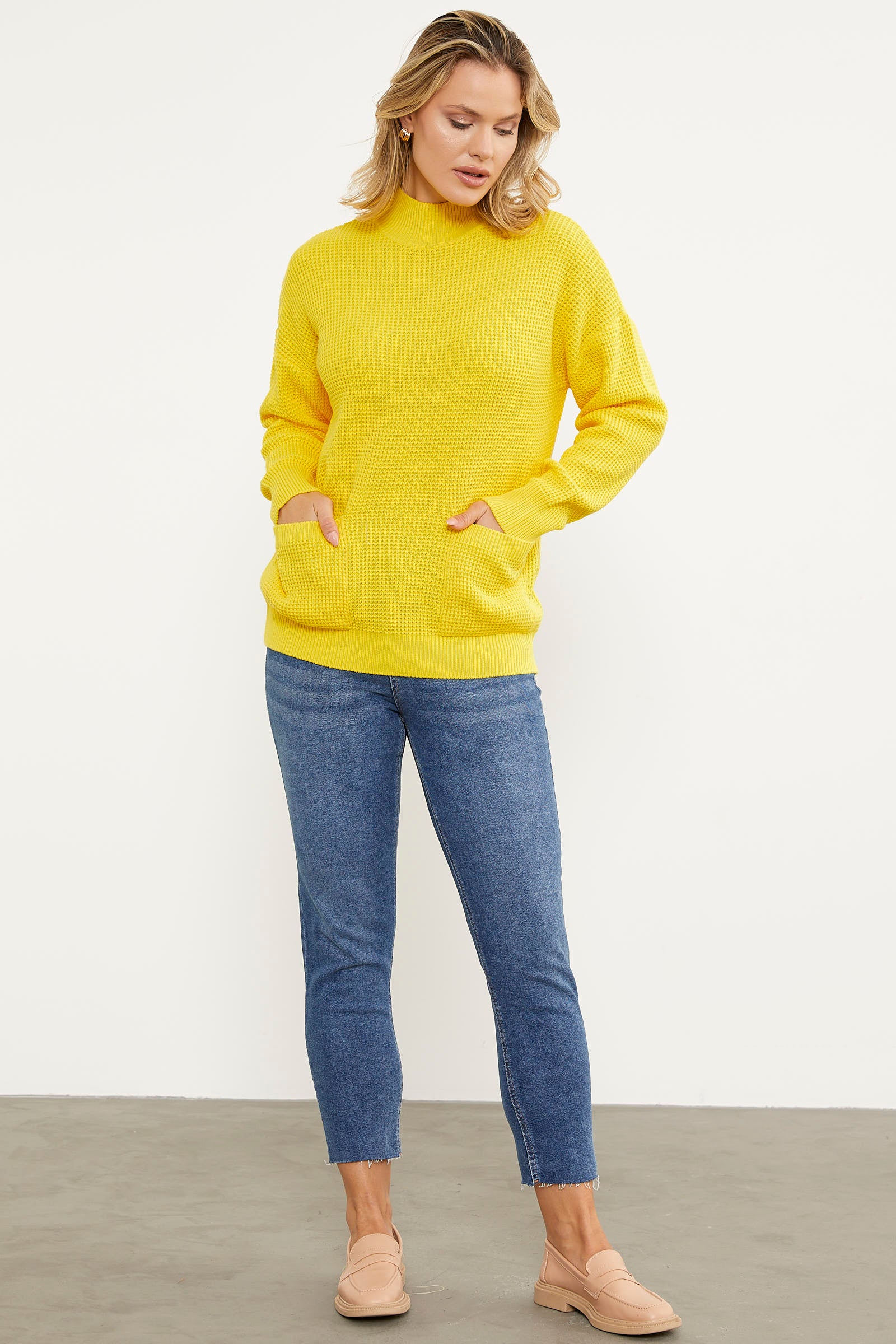 Petek Örgü Dik Yaka Triko Kazak - Sarı (4) Sementa