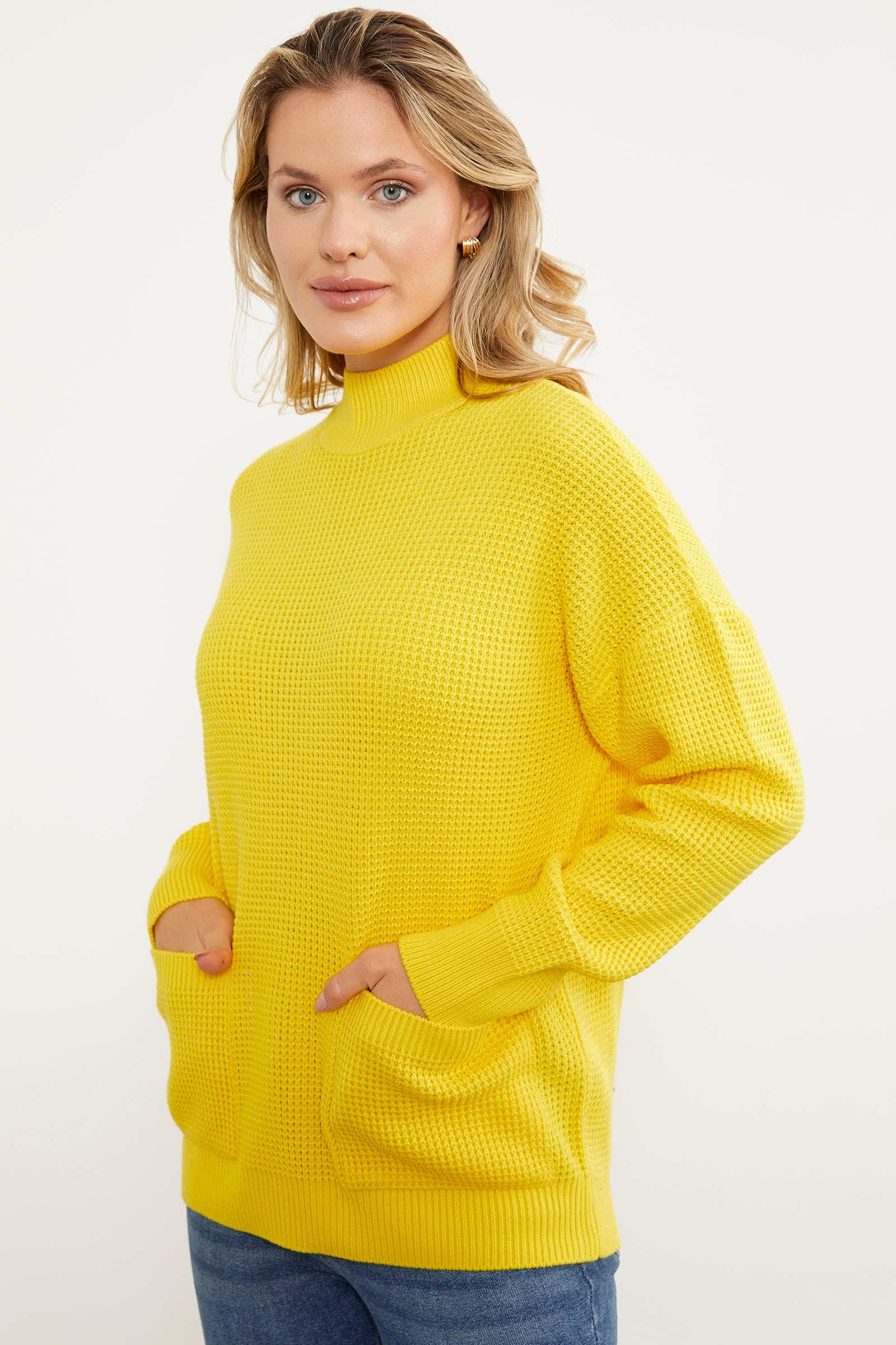 Petek Örgü Dik Yaka Triko Kazak - Sarı (1) Sementa