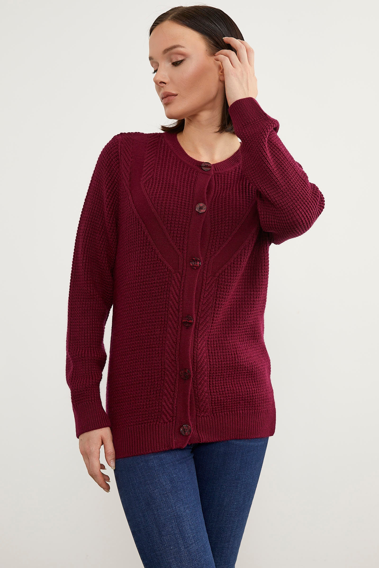 Petek Örgü Düğmeli Triko Hırka - Bordo (5) Sementa