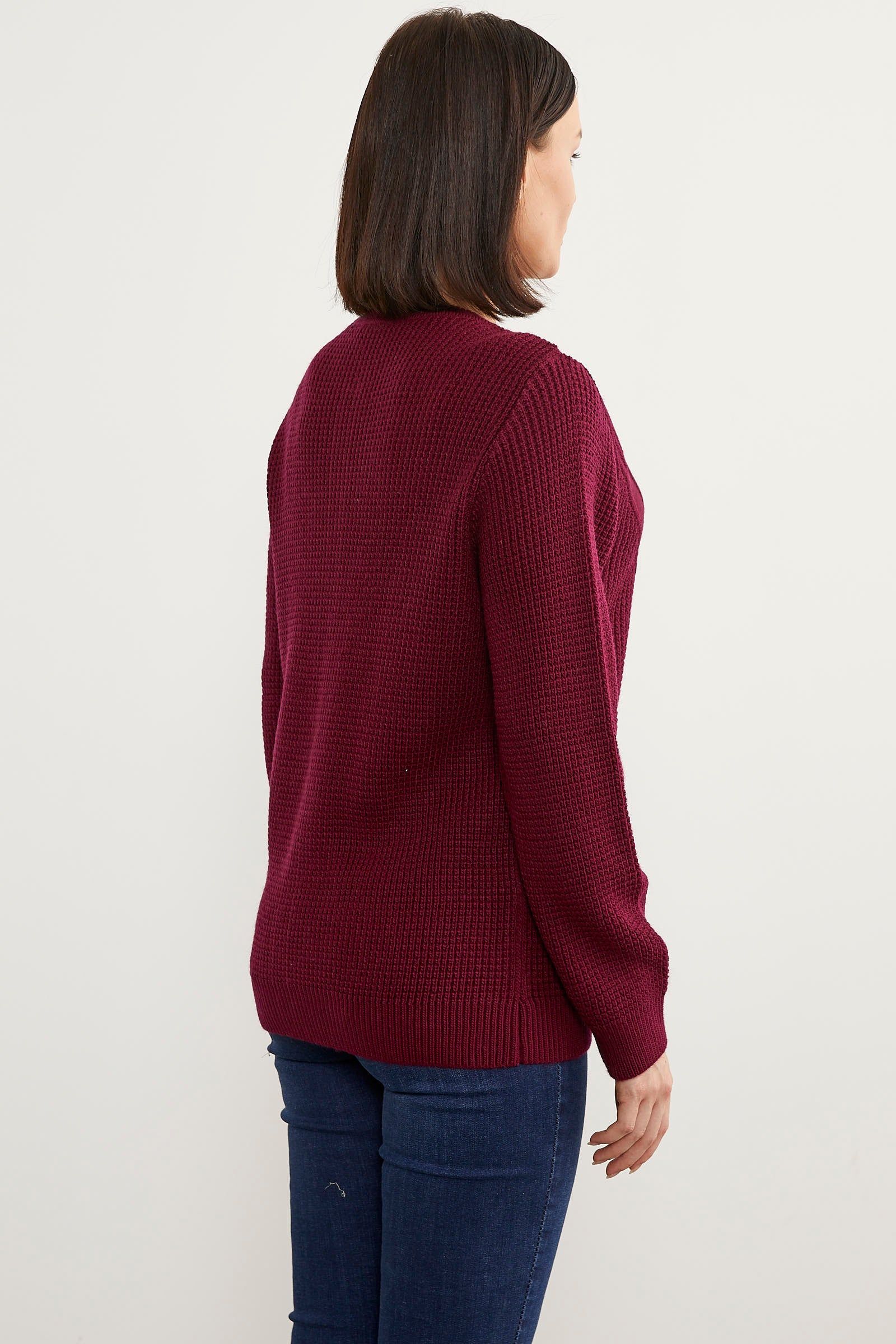 Petek Örgü Düğmeli Triko Hırka - Bordo (6) Sementa