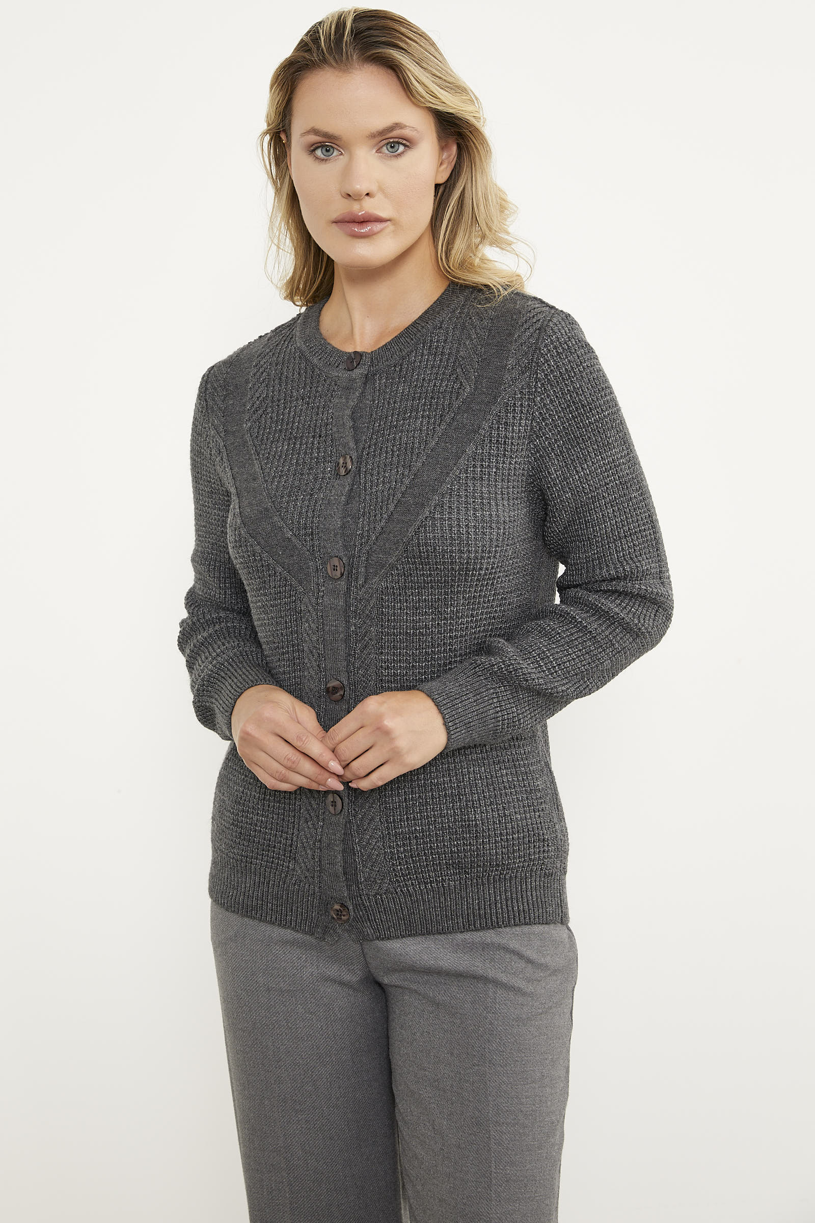 Petek Örgü Düğmeli Triko Hırka - Koyu Gri (2) Sementa
