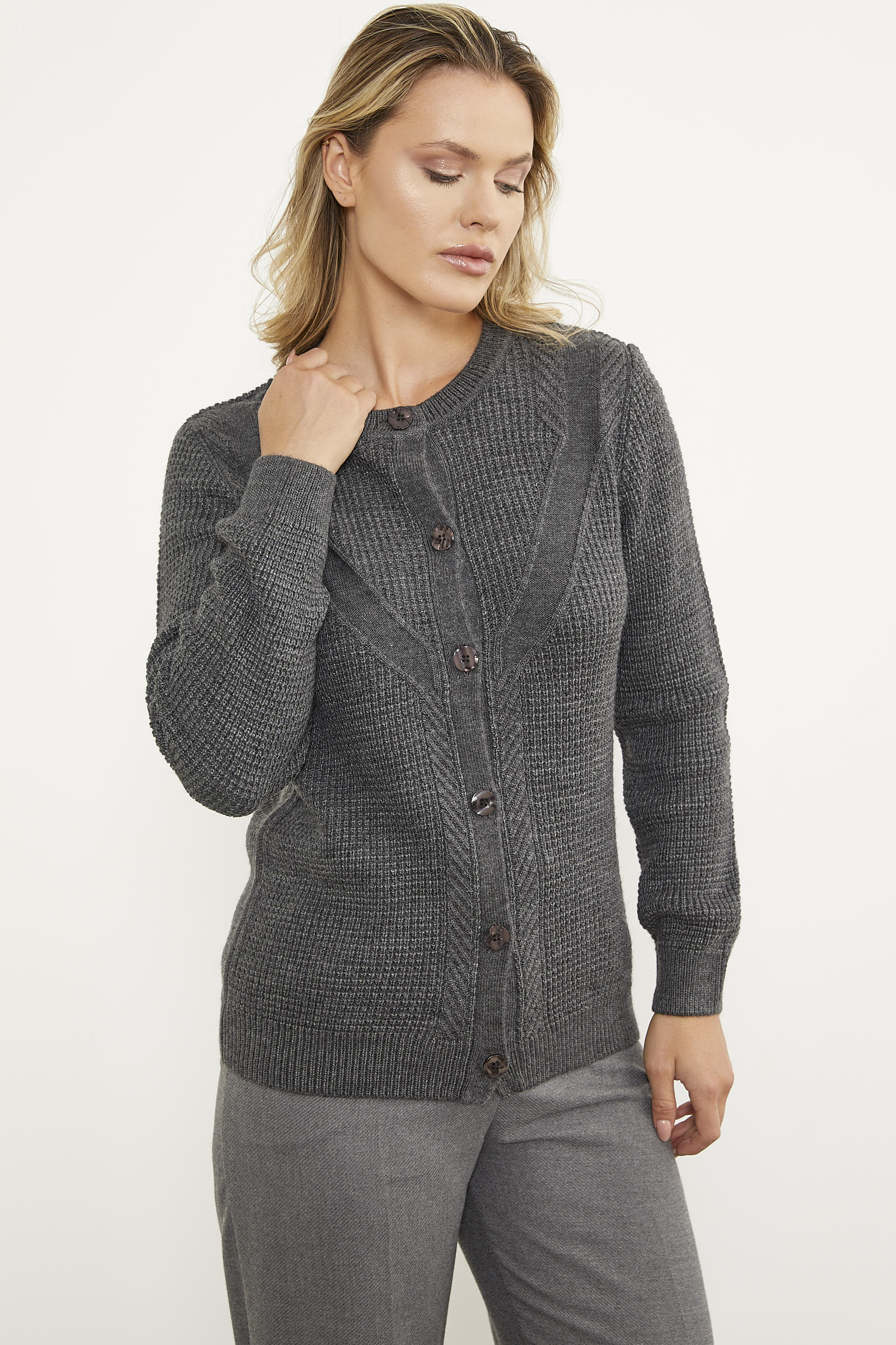 Petek Örgü Düğmeli Triko Hırka - Koyu Gri (3) Sementa