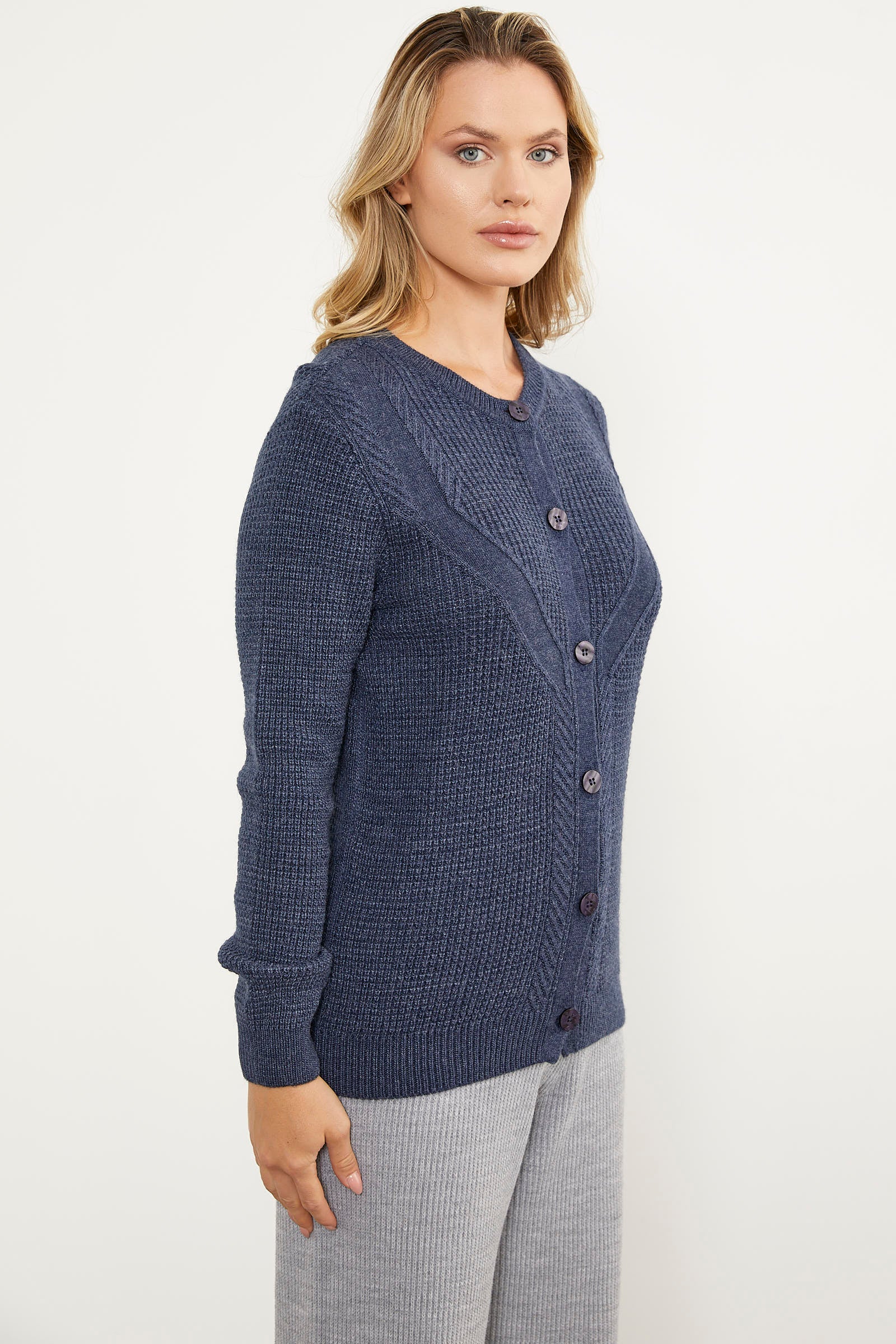 Petek Örgü Düğmeli Triko Hırka - Lacivert (4) Sementa