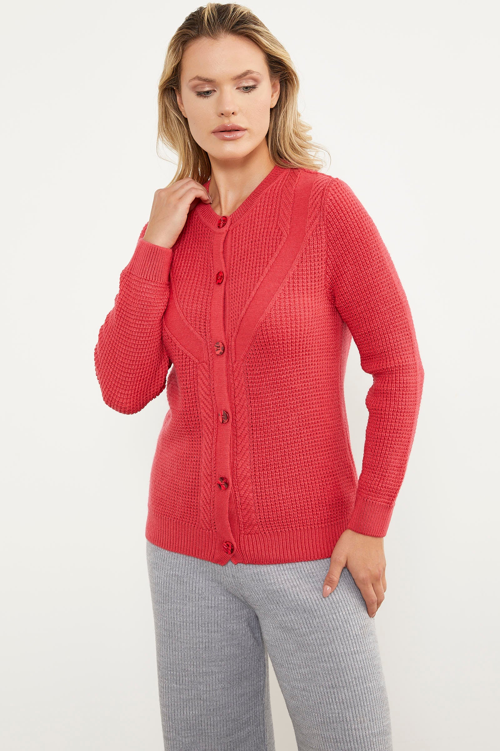 Petek Örgü Düğmeli Triko Hırka - Mercan (2) Sementa