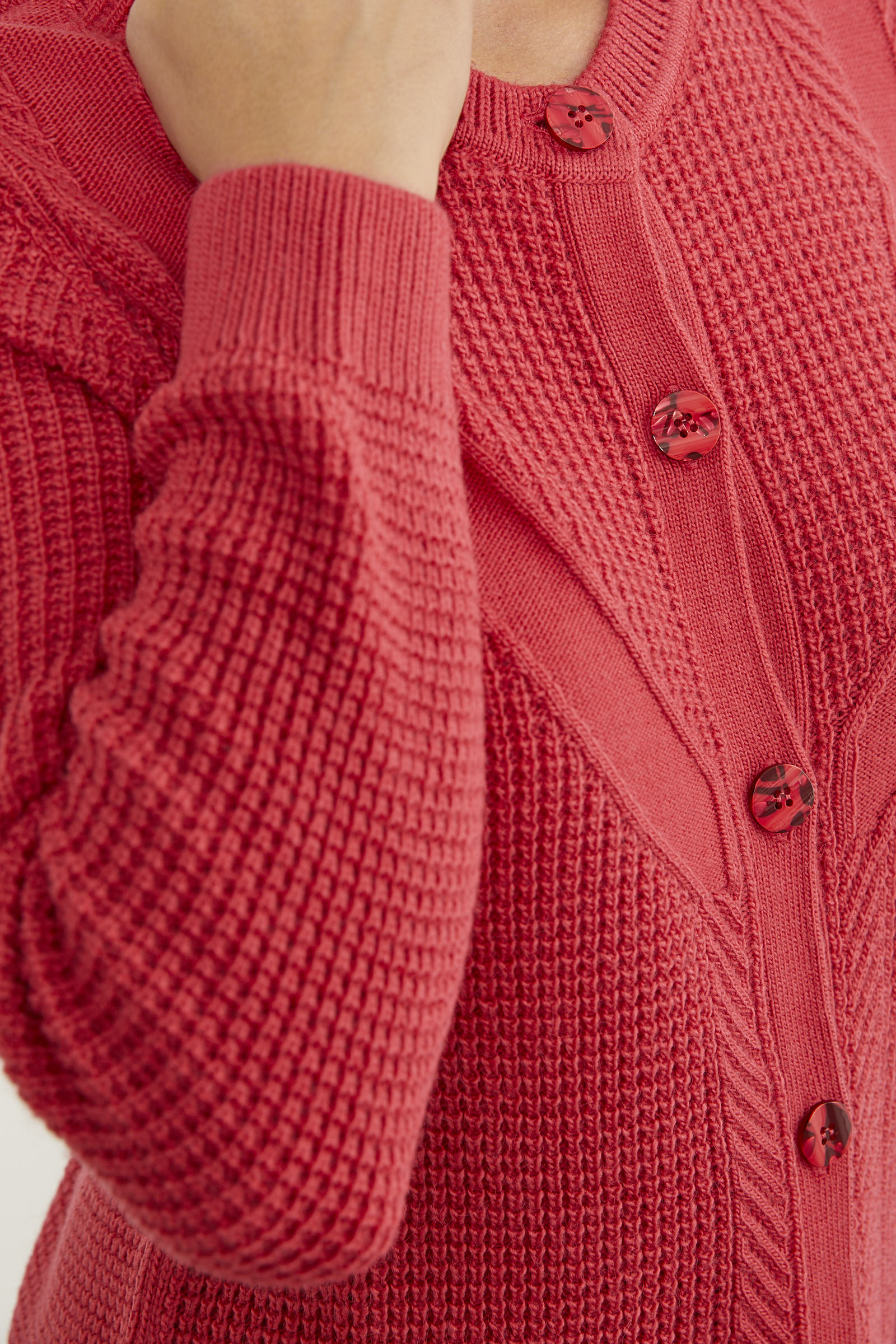 Petek Örgü Düğmeli Triko Hırka - Mercan (5) Sementa