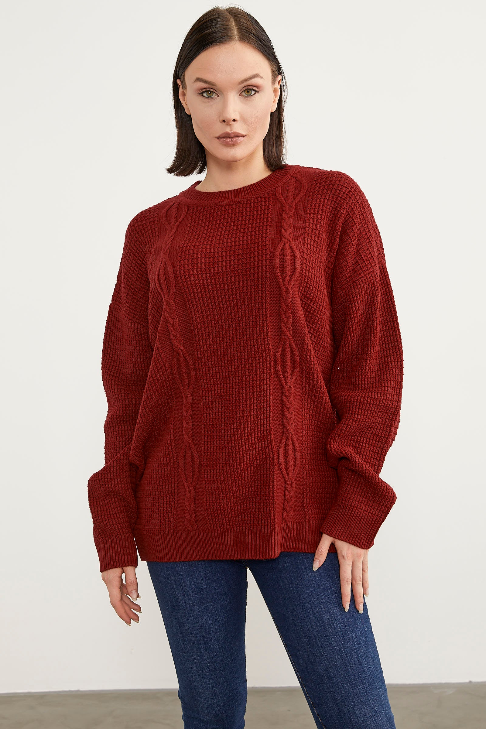 Petek Örgü Sıfır Yaka Triko Kazak - Kırmızı (1) Sementa