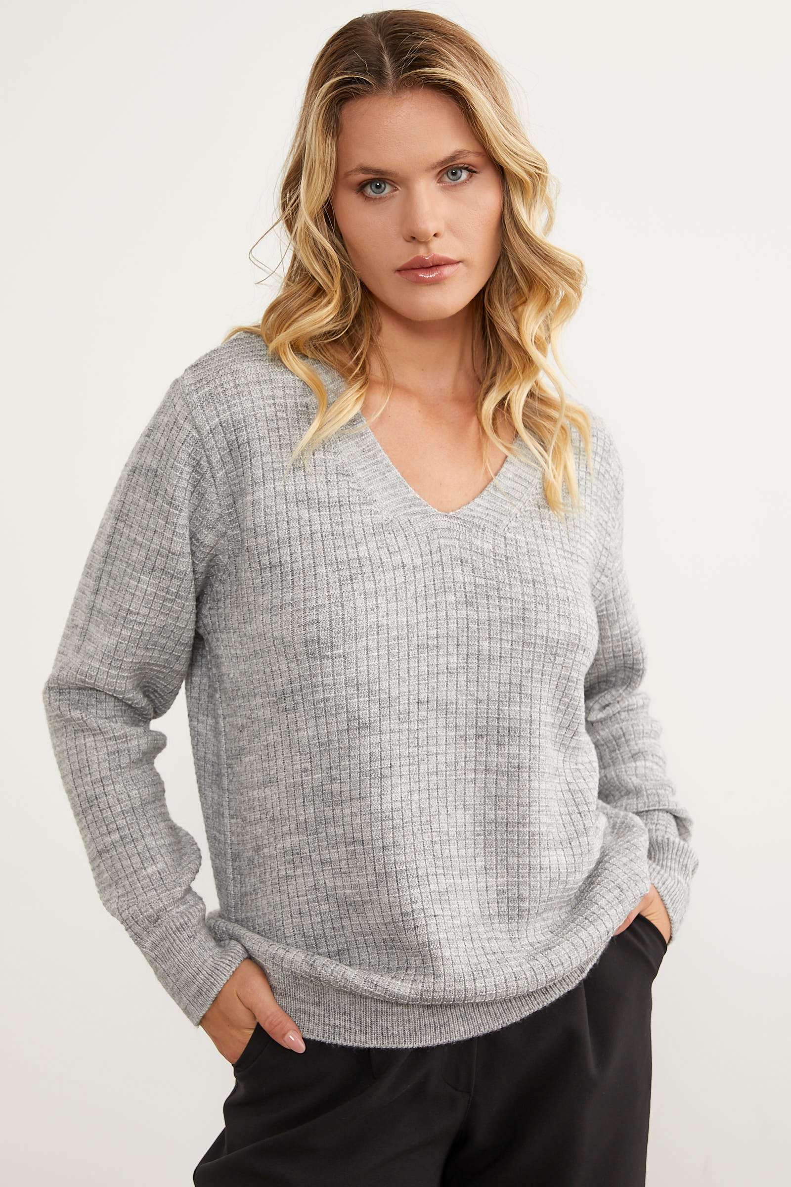 Petek Örgü V Yaka Triko Kazak - Açık Gri (1) Sementa