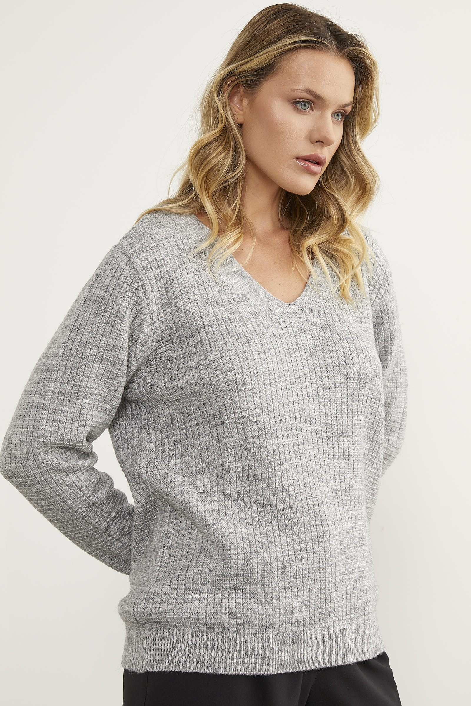 Petek Örgü V Yaka Triko Kazak - Açık Gri (4) Sementa