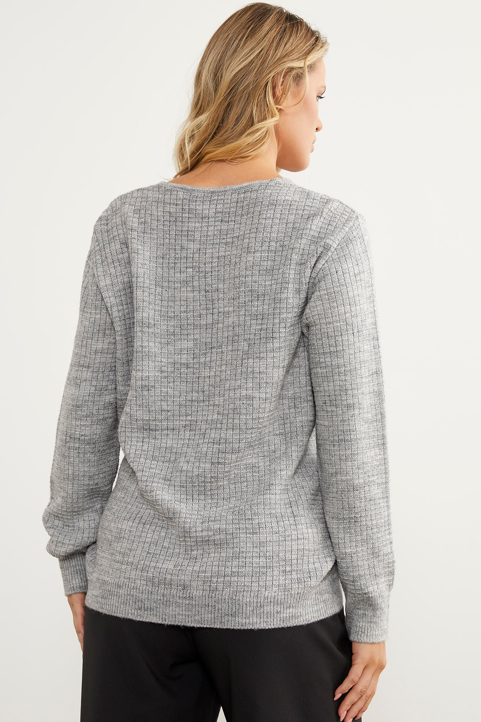 Petek Örgü V Yaka Triko Kazak - Açık Gri (5) Sementa