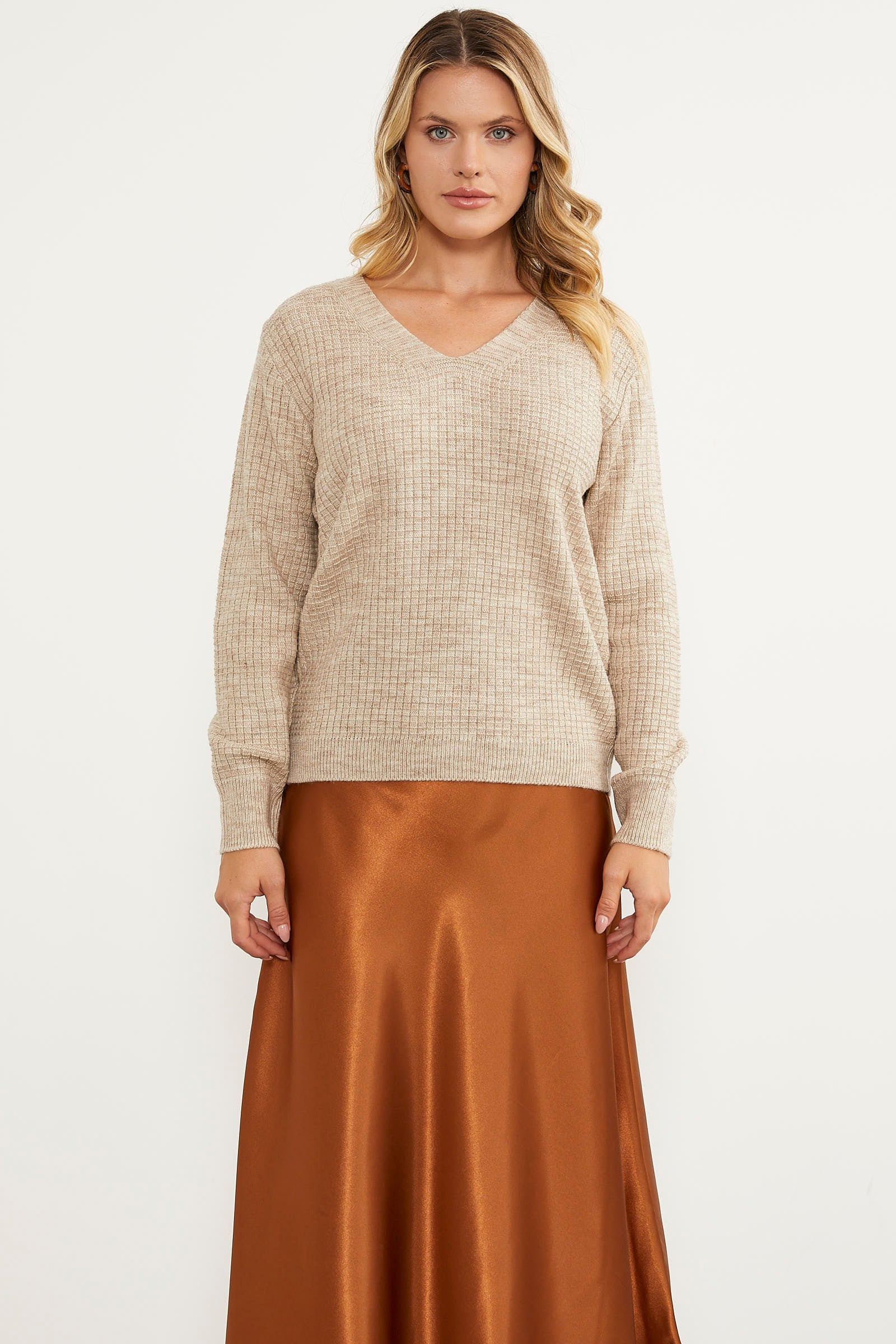 Petek Örgü V Yaka Triko Kazak - Bej (1) Sementa