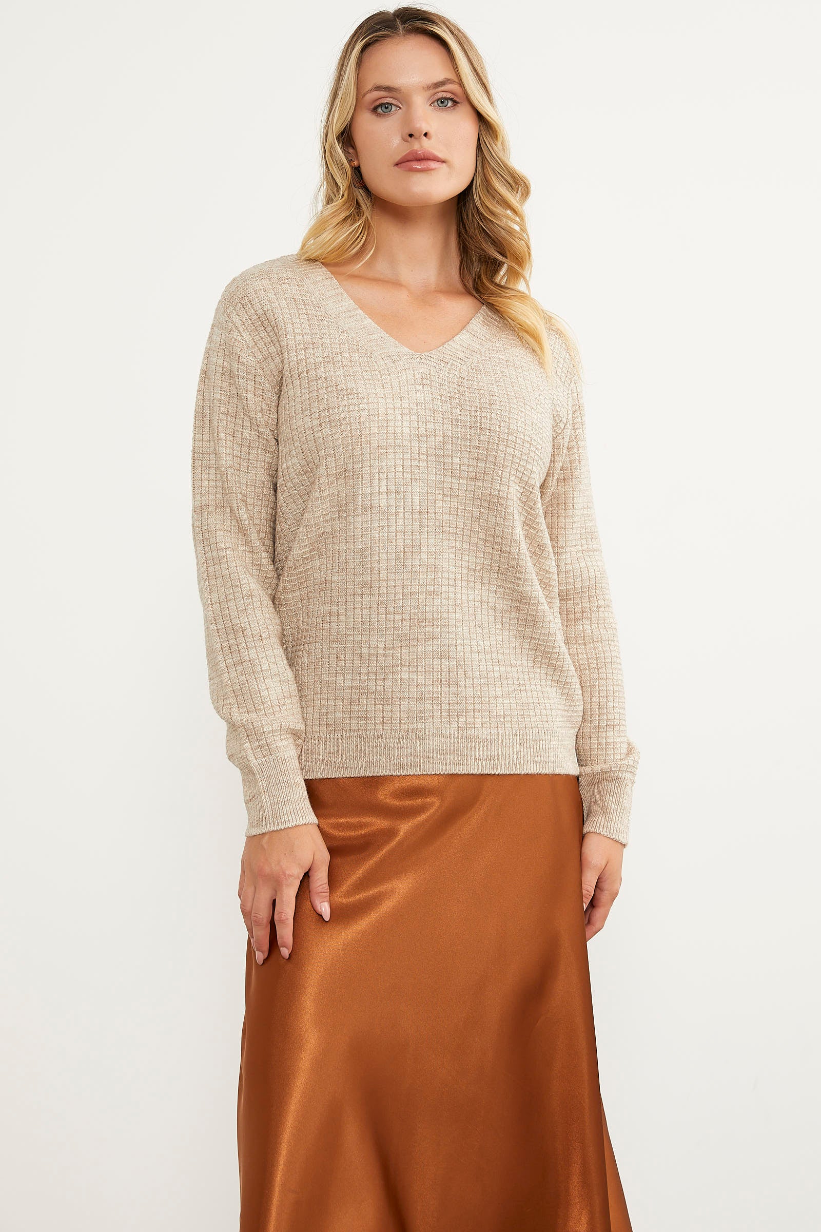 Petek Örgü V Yaka Triko Kazak - Bej (2) Sementa