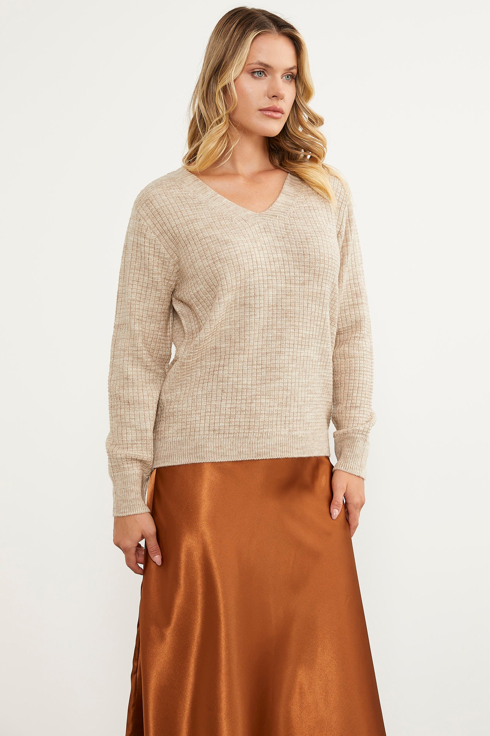 Petek Örgü V Yaka Triko Kazak - Bej (3) Sementa