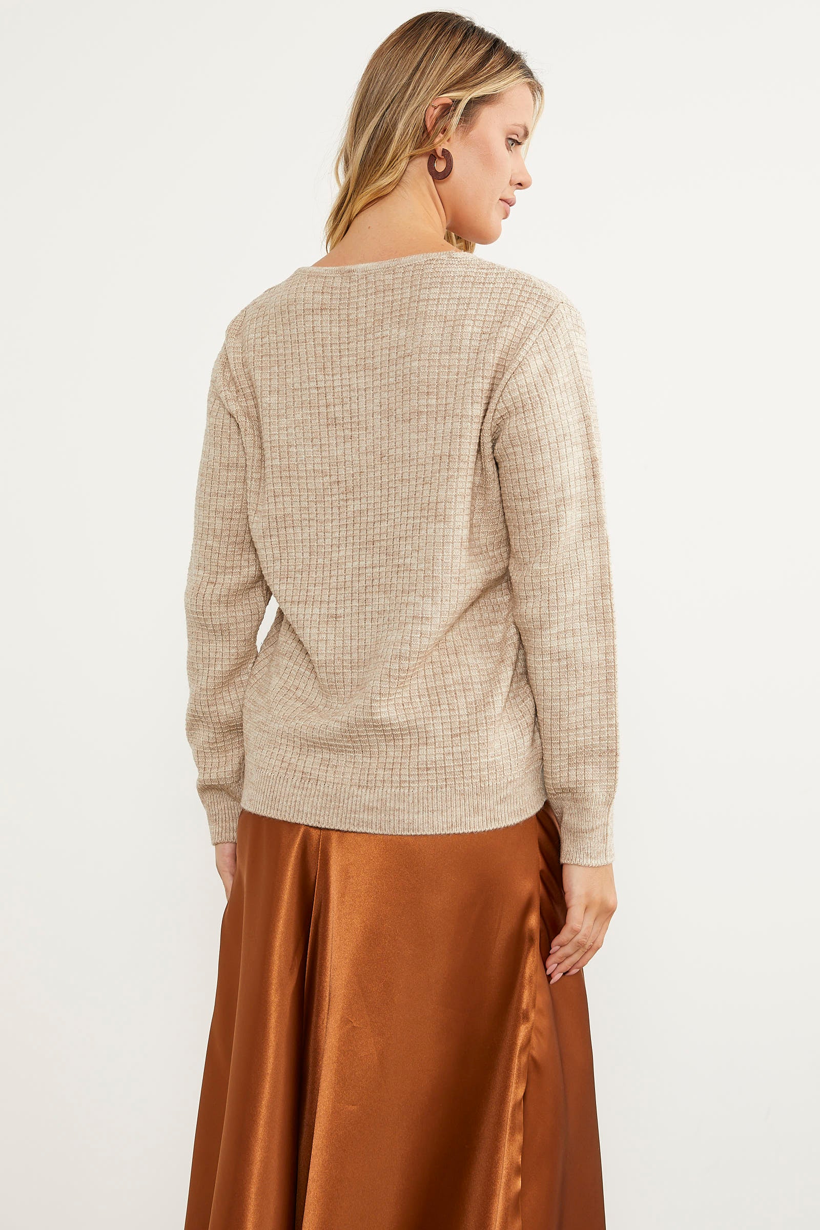 Petek Örgü V Yaka Triko Kazak - Bej (6) Sementa