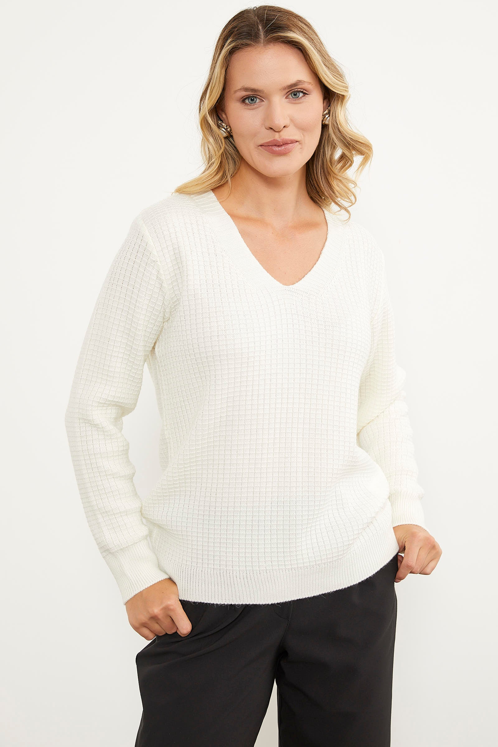 Petek Örgü V Yaka Triko Kazak - Kemik (1) Sementa