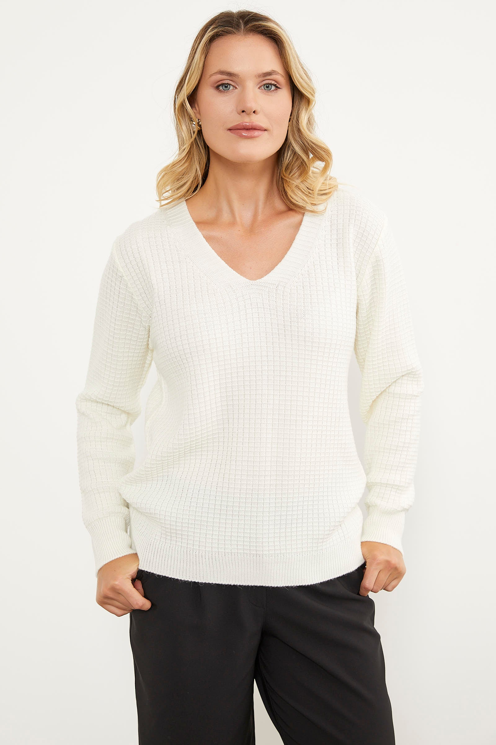 Petek Örgü V Yaka Triko Kazak - Kemik (2) Sementa