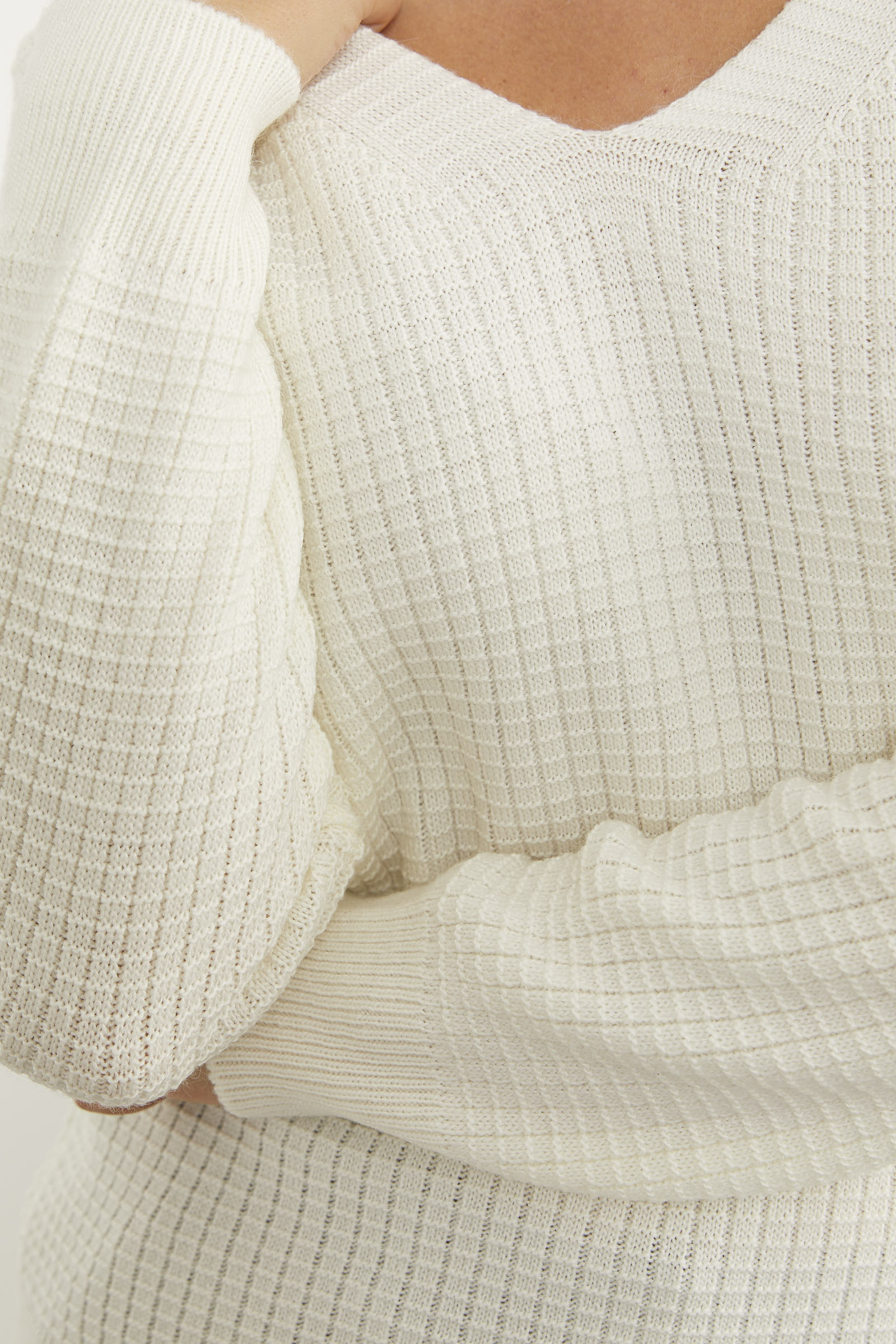 Petek Örgü V Yaka Triko Kazak - Kemik (6) Sementa