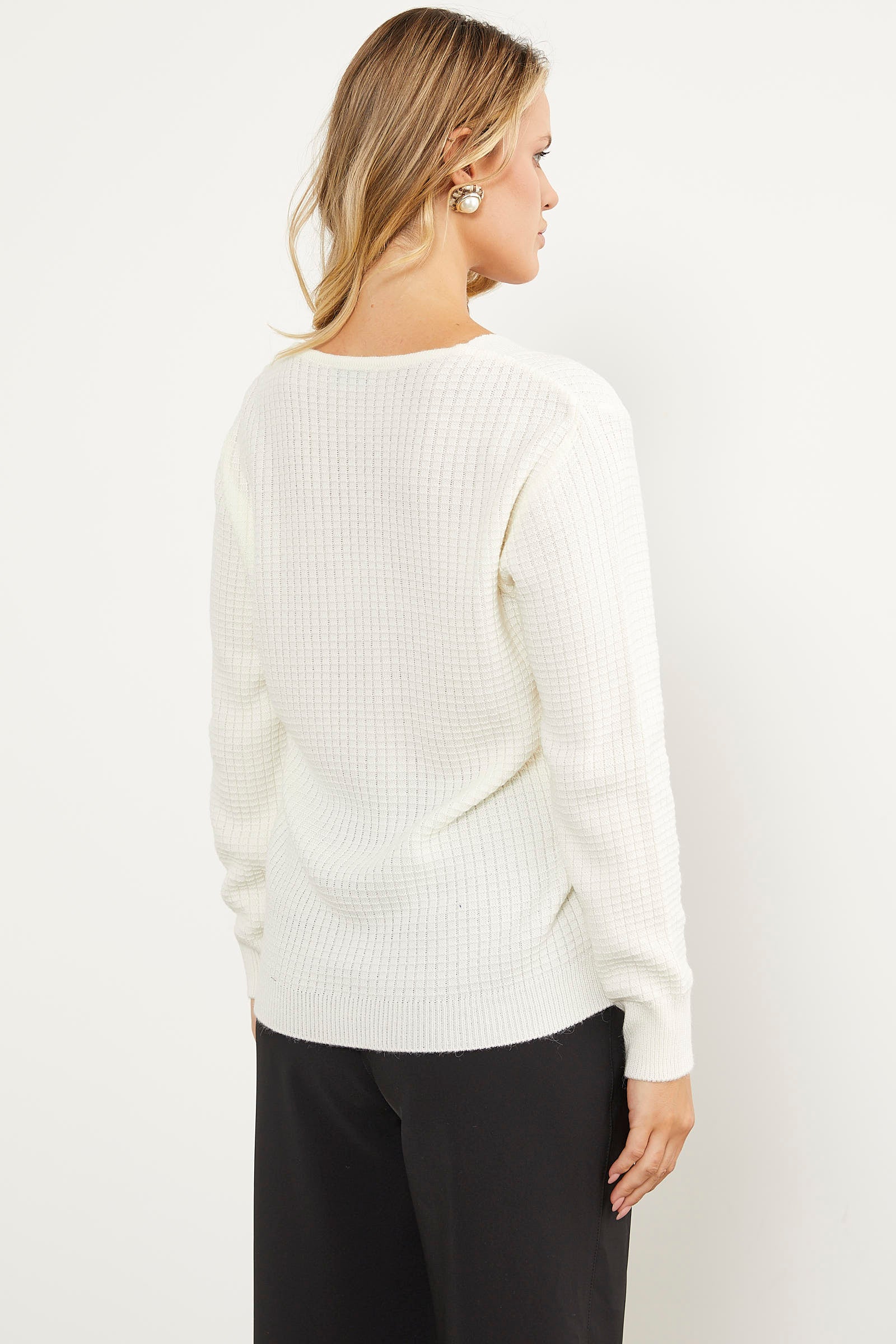 Petek Örgü V Yaka Triko Kazak - Kemik (7) Sementa