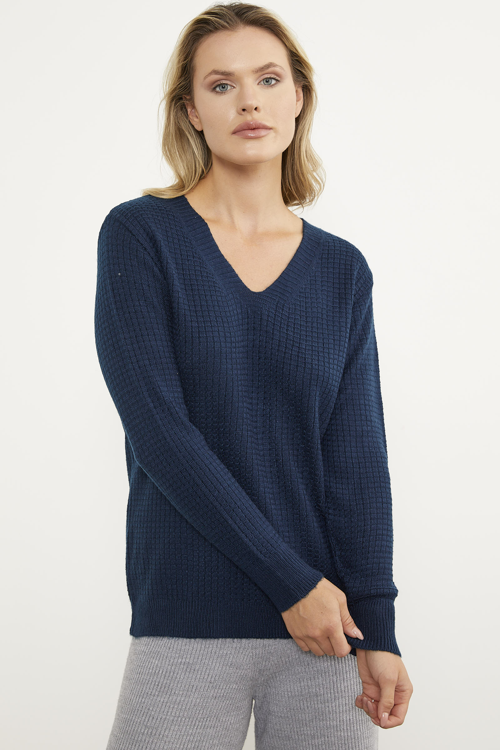 Petek Örgü V Yaka Triko Kazak - Lacivert (1) Sementa