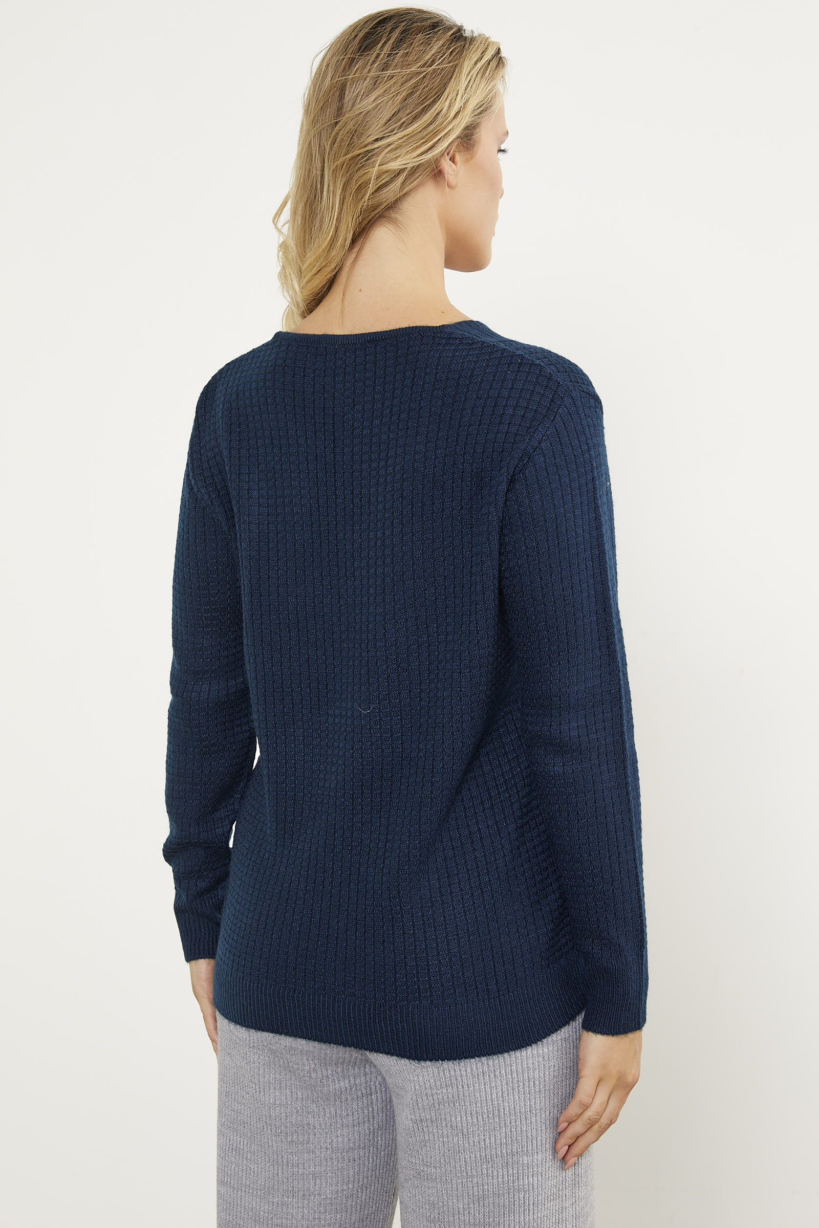 Petek Örgü V Yaka Triko Kazak - Lacivert (4) Sementa