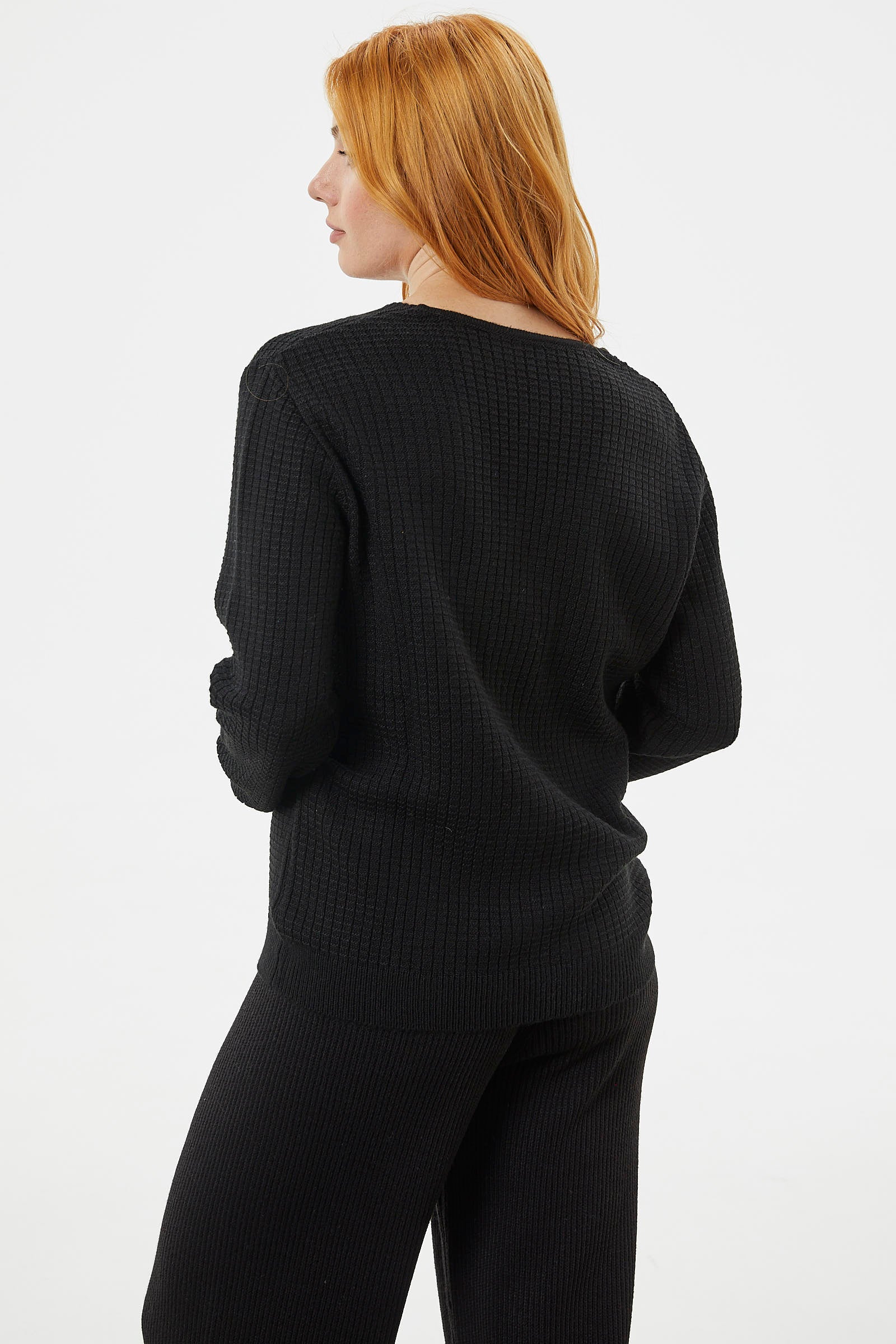 Petek Örgü V Yaka Triko Kazak - Siyah (6) Sementa