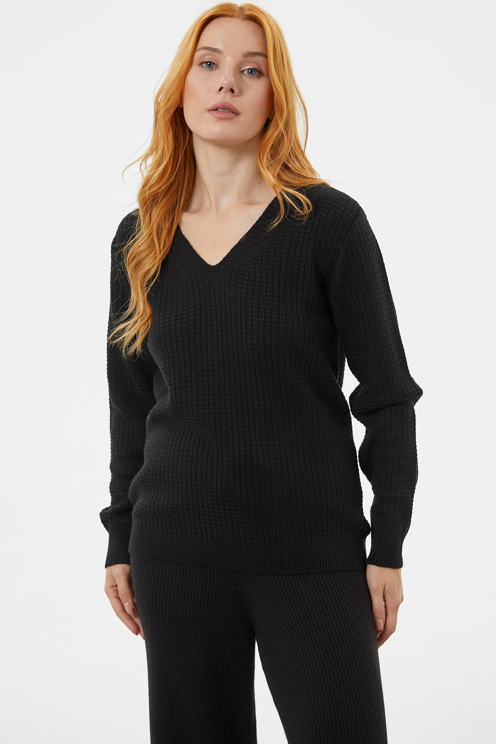 Petek Örgü V Yaka Triko Kazak - Siyah (2) Sementa