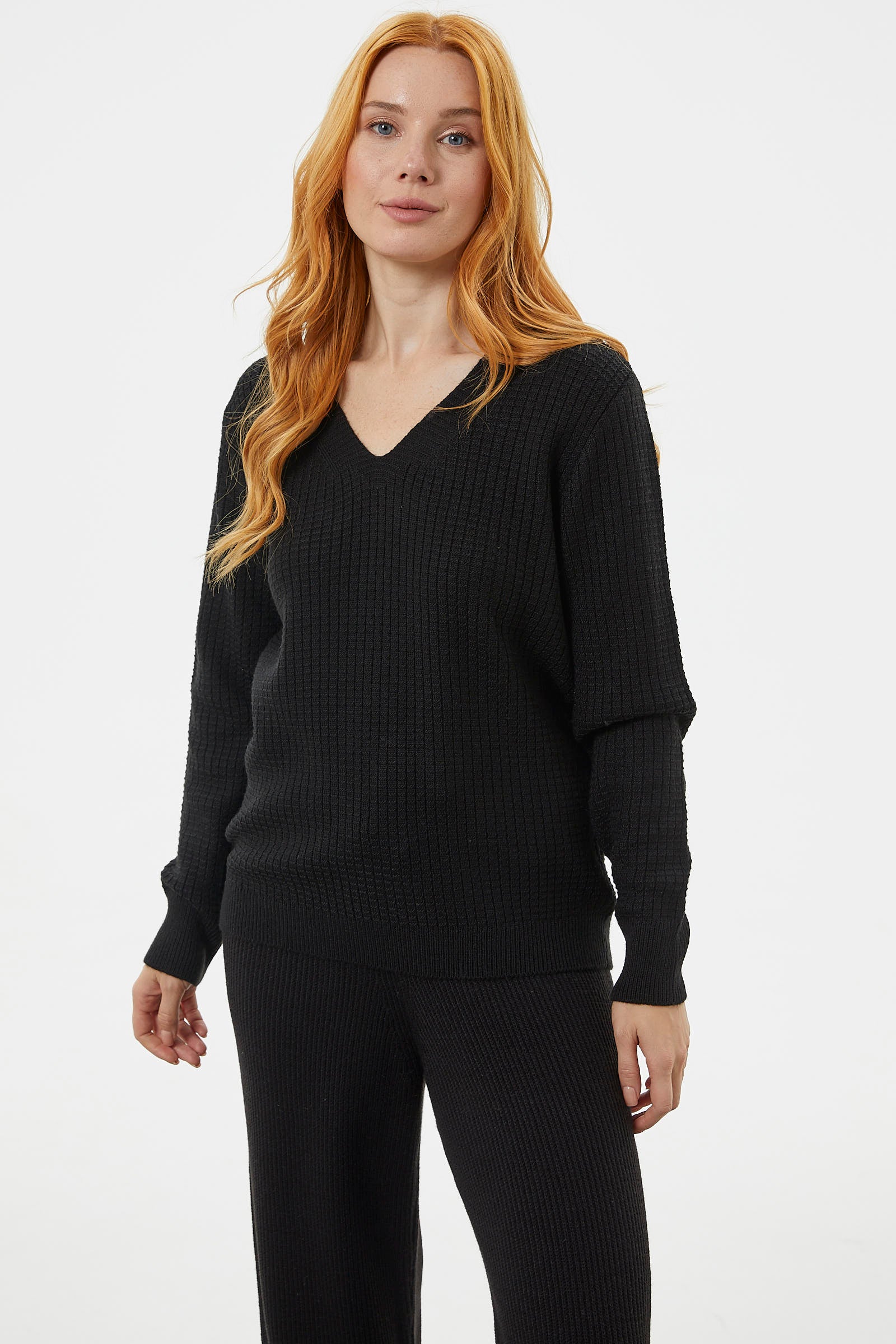 Petek Örgü V Yaka Triko Kazak - Siyah (1) Sementa