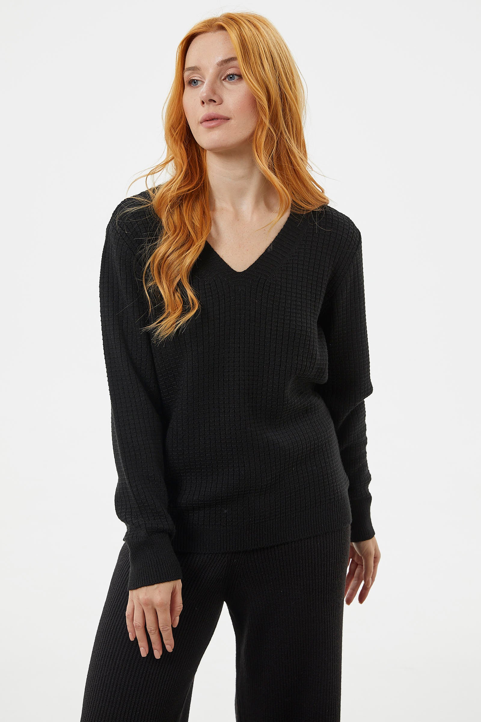 Petek Örgü V Yaka Triko Kazak - Siyah (5) Sementa