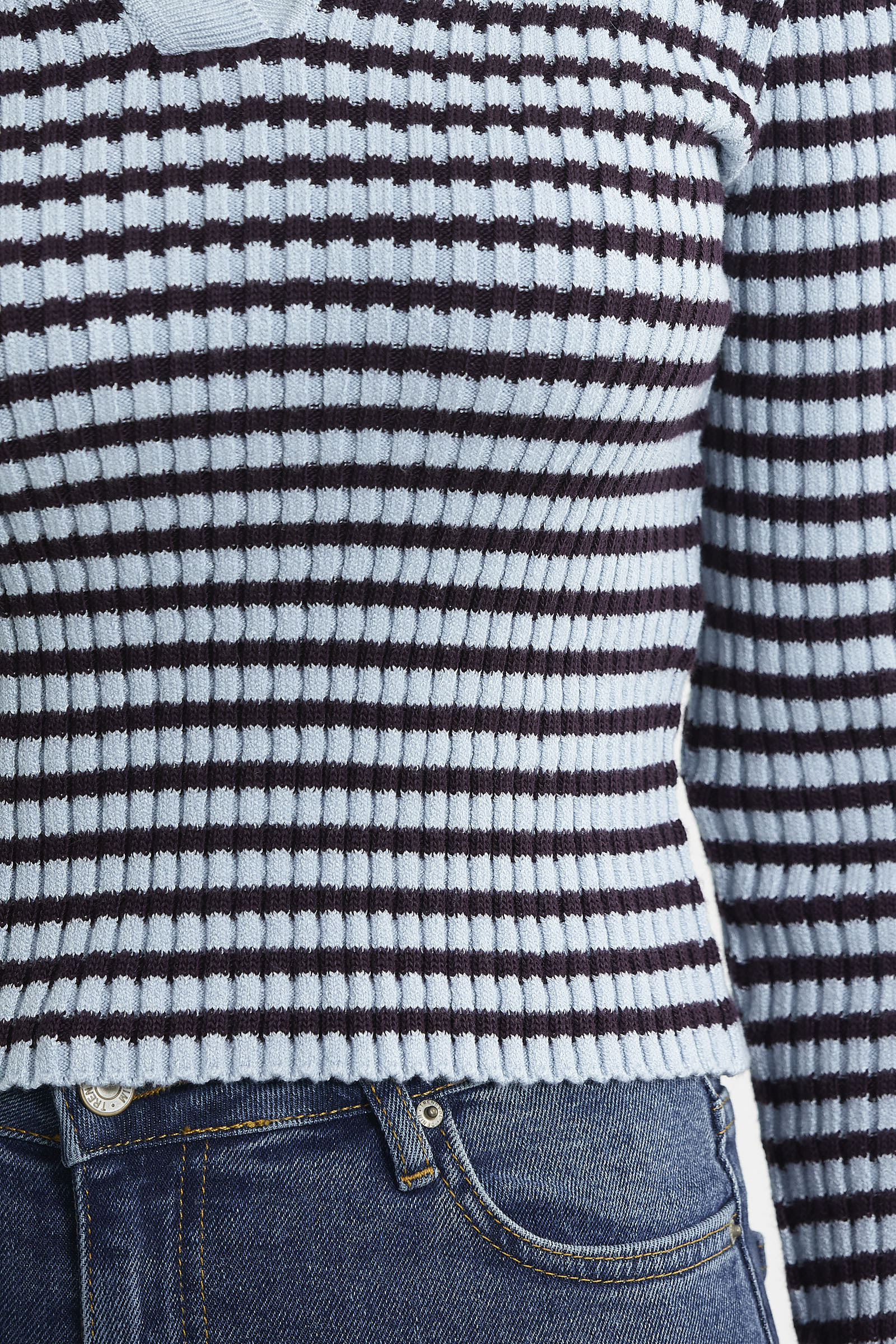 Polo Yaka Çizgili Viskon Triko Kazak - Mavi - Sementa