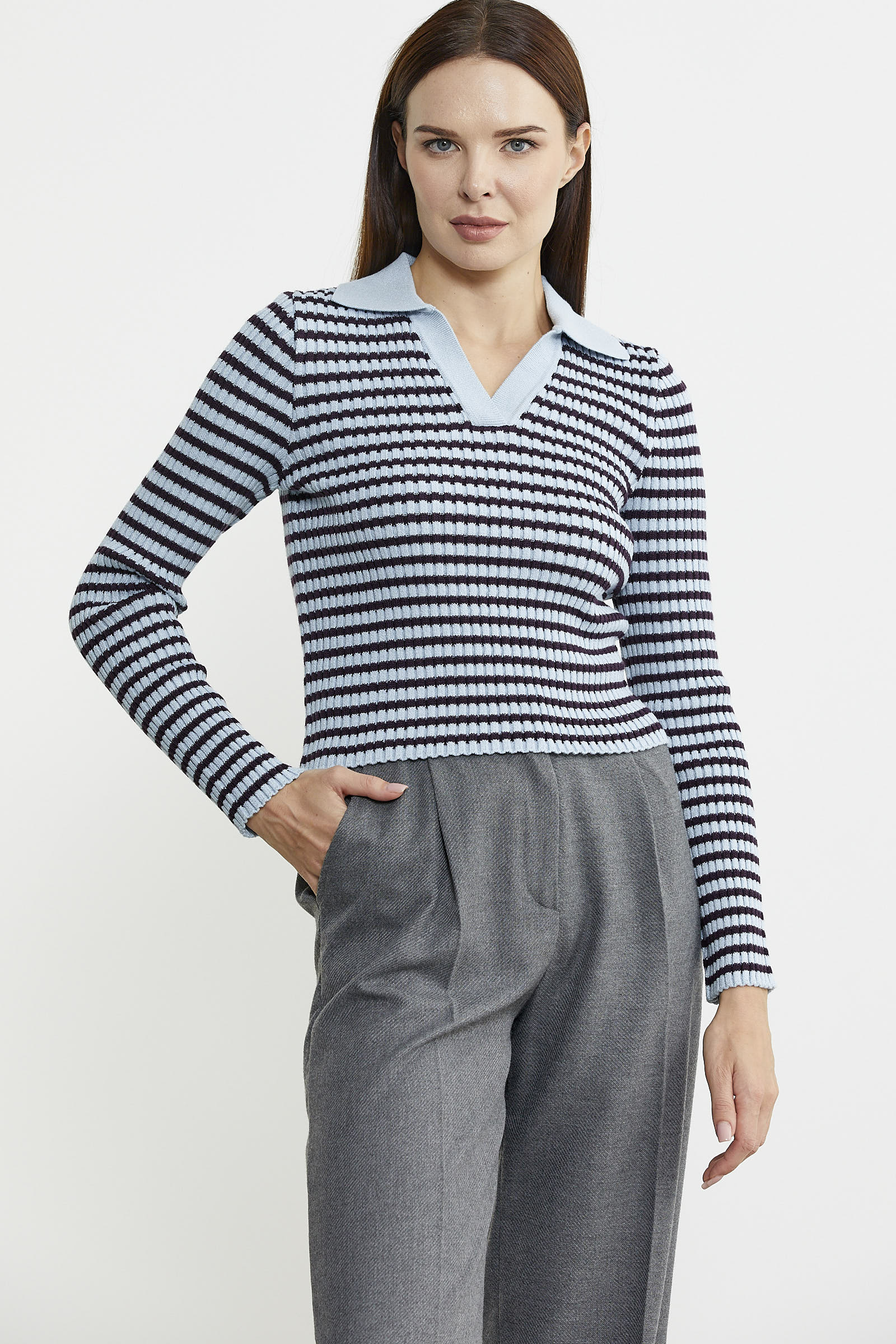 Polo Yaka Çizgili Viskon Triko Kazak - Mavi - Sementa