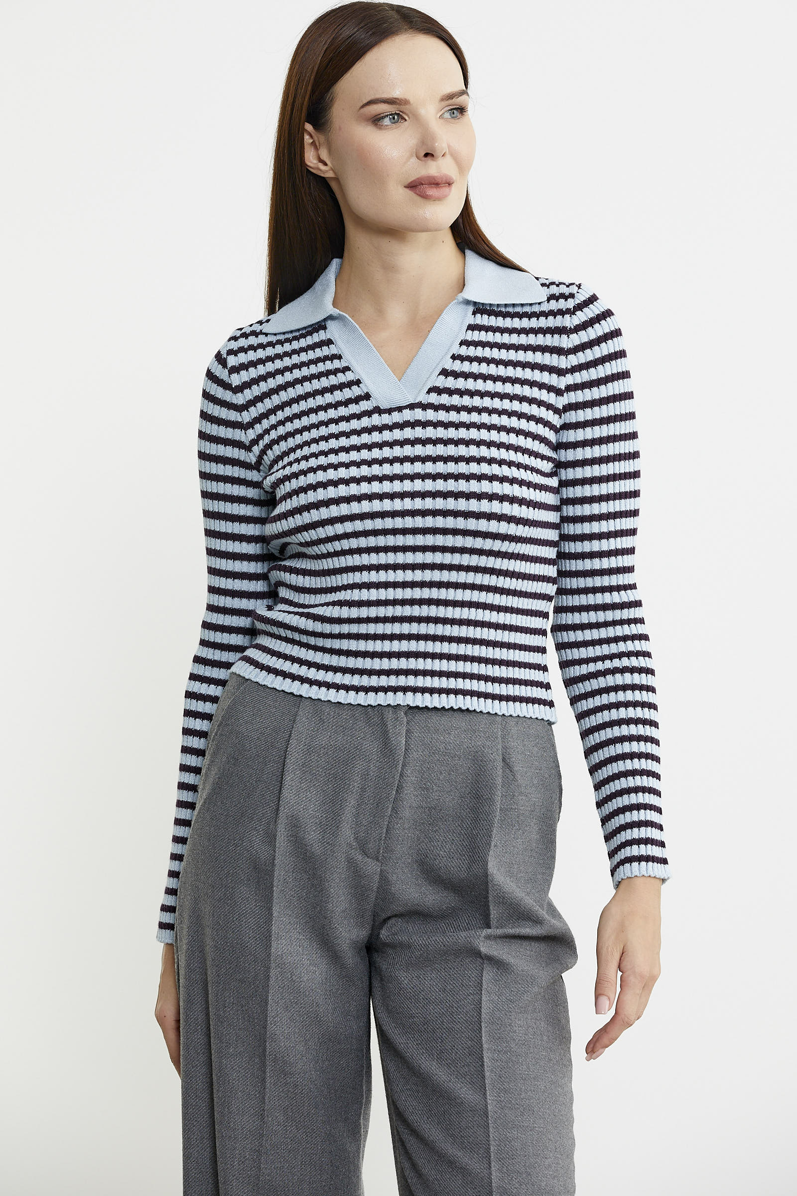 Polo Yaka Çizgili Viskon Triko Kazak - Mavi - Sementa