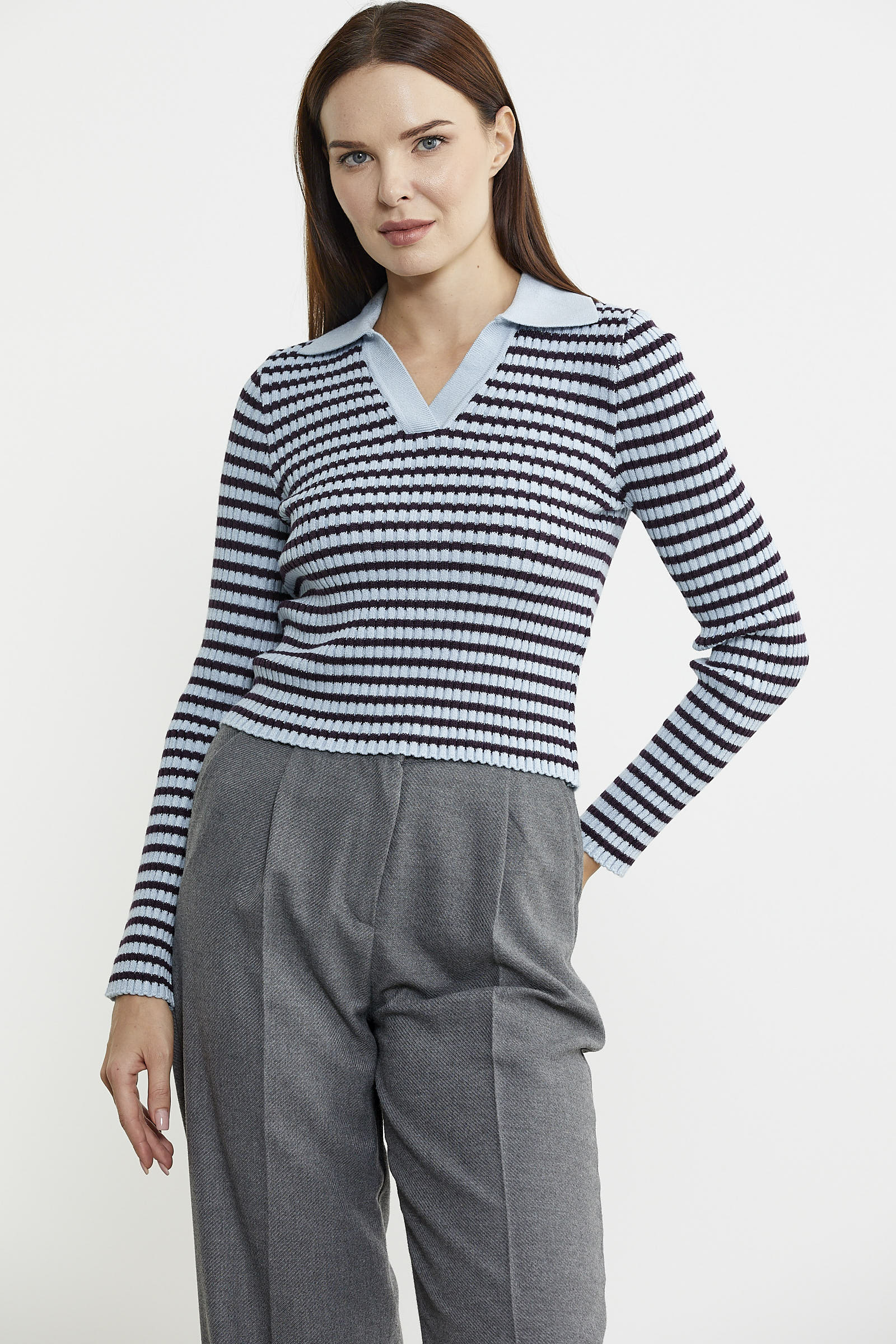 Polo Yaka Çizgili Viskon Triko Kazak - Mavi - Sementa