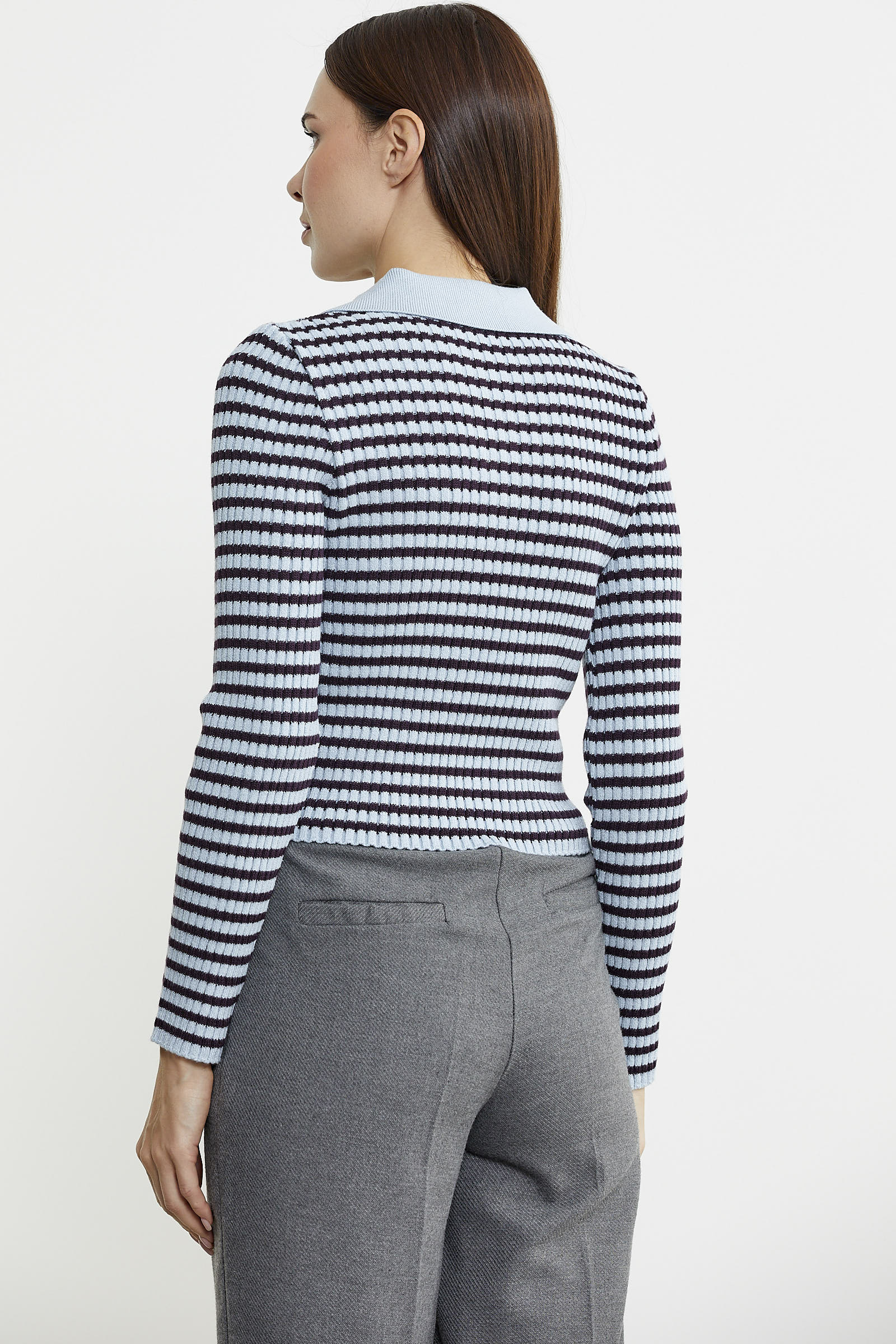 Polo Yaka Çizgili Viskon Triko Kazak - Mavi - Sementa