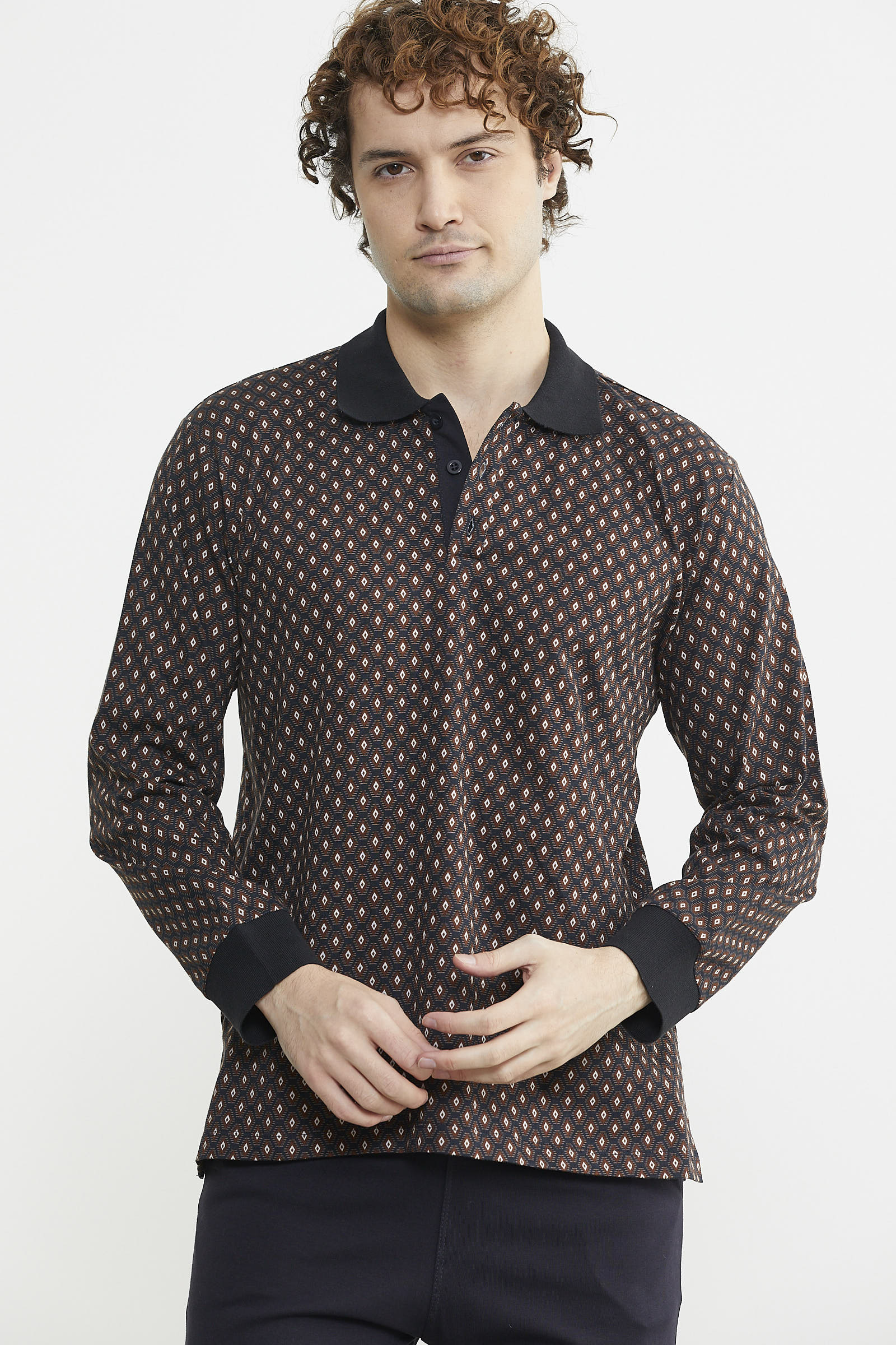 Polo Yaka Desen Kombinli Pijama Takım - Kahve - Sementa