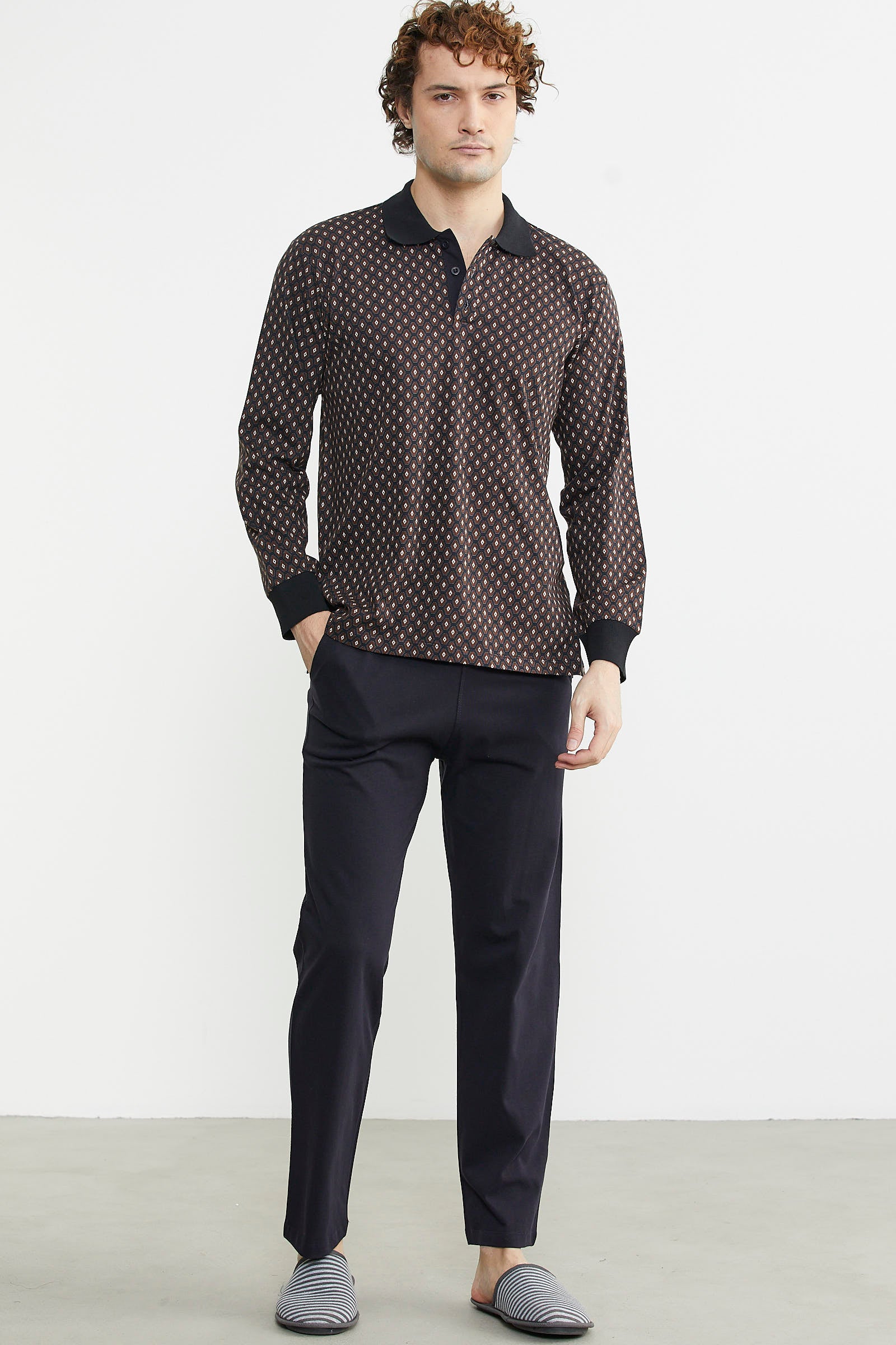 Polo Yaka Desen Kombinli Pijama Takım - Kahve - Sementa