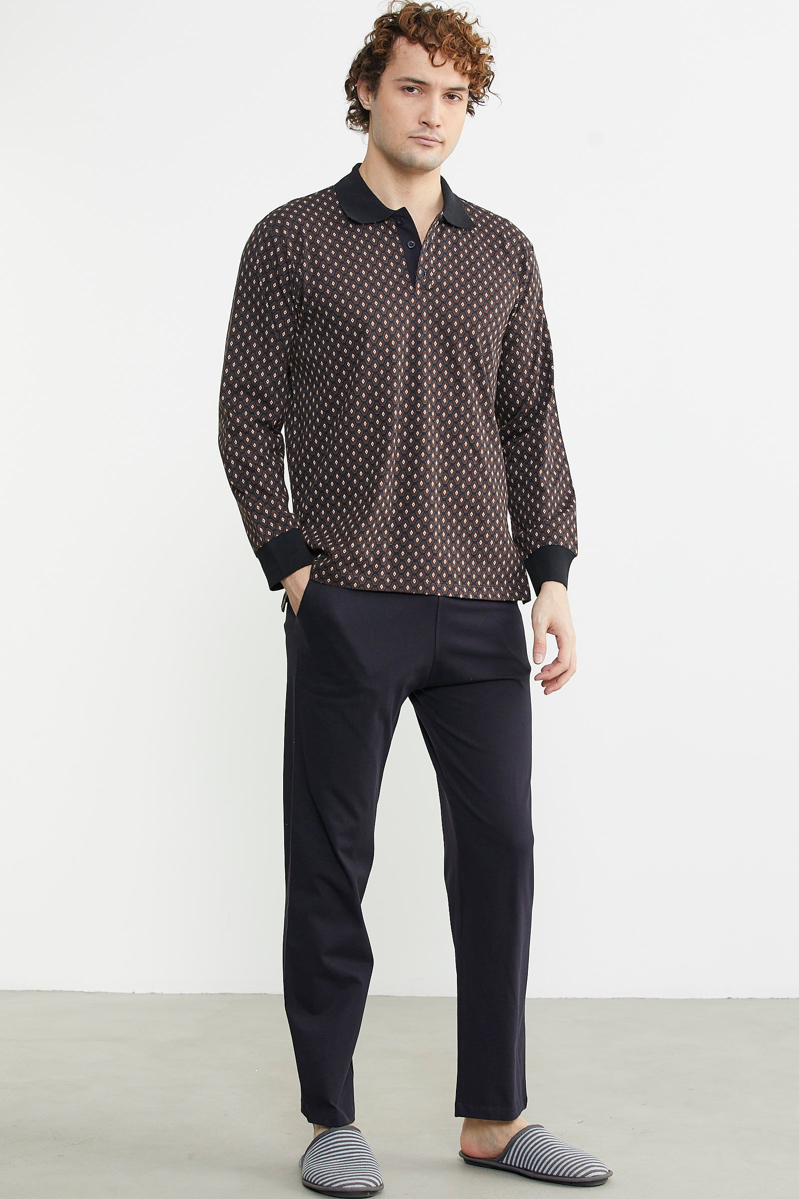 Polo Yaka Desen Kombinli Pijama Takım - Kahve - Sementa