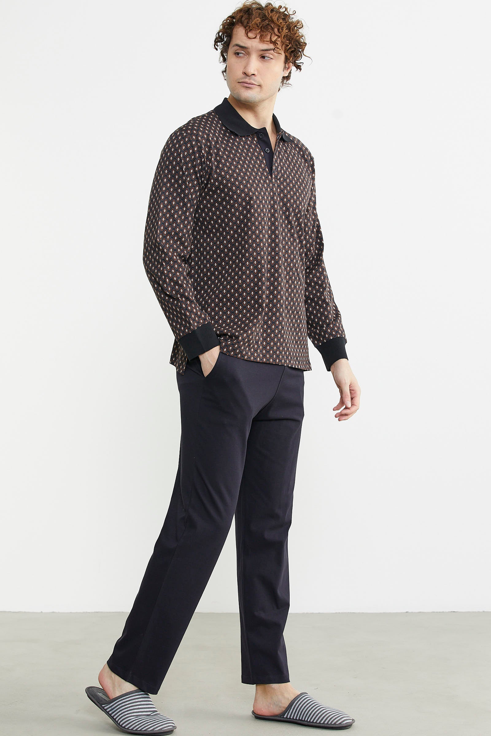 Polo Yaka Desen Kombinli Pijama Takım - Kahve - Sementa