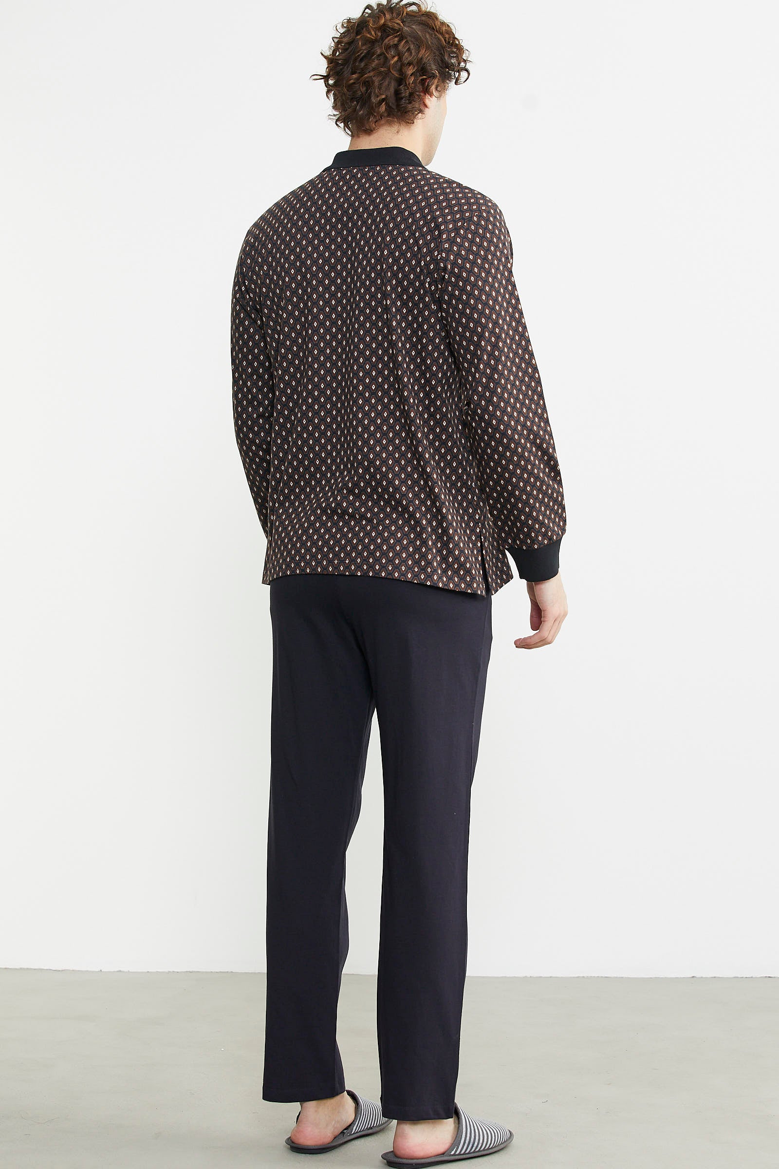 Polo Yaka Desen Kombinli Pijama Takım - Kahve - Sementa