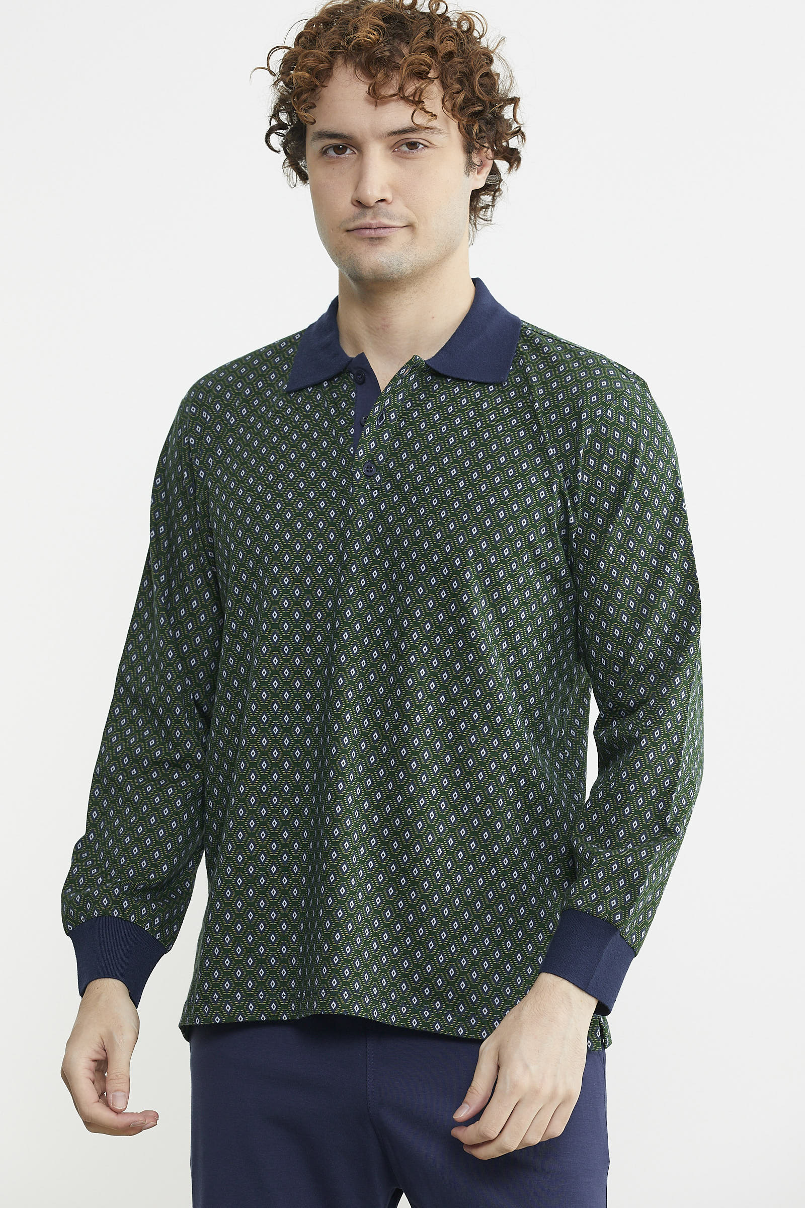 Polo Yaka Desen Kombinli Pijama Takım - Yeşil - Sementa