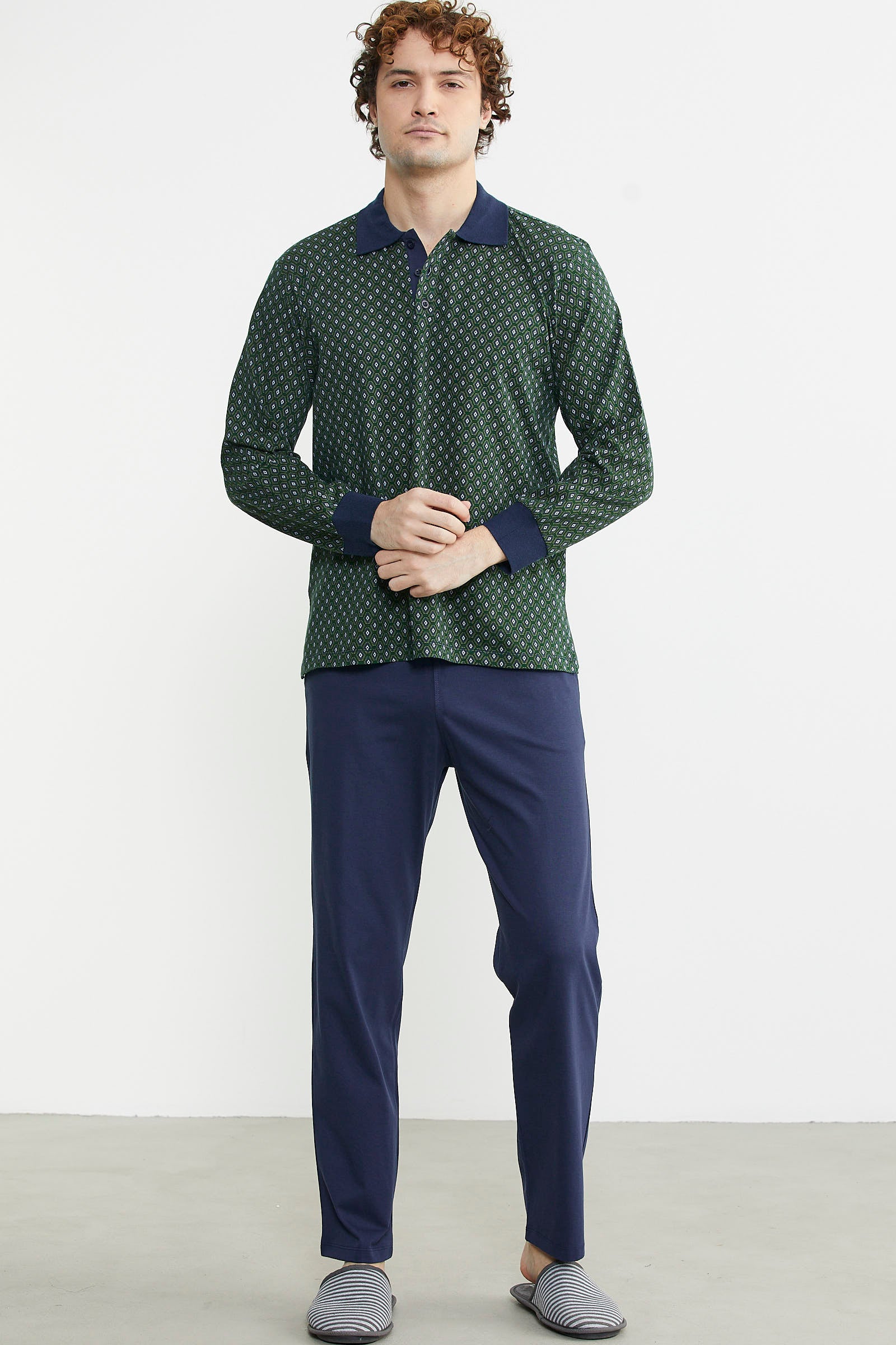 Polo Yaka Desen Kombinli Pijama Takım - Yeşil - Sementa